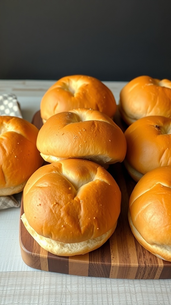 Freshly baked sourdough brioche buns on a wooden board