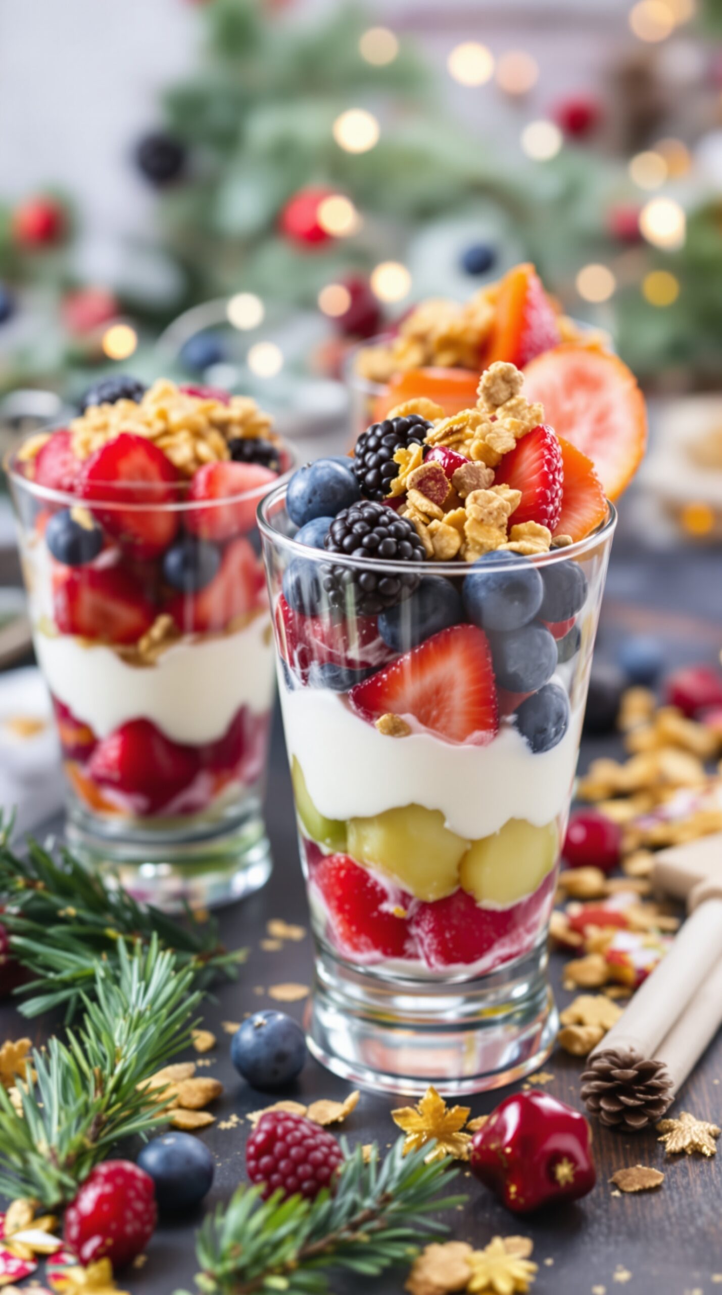 Fruit and yogurt parfaits with granola in clear glasses, decorated for Christmas.