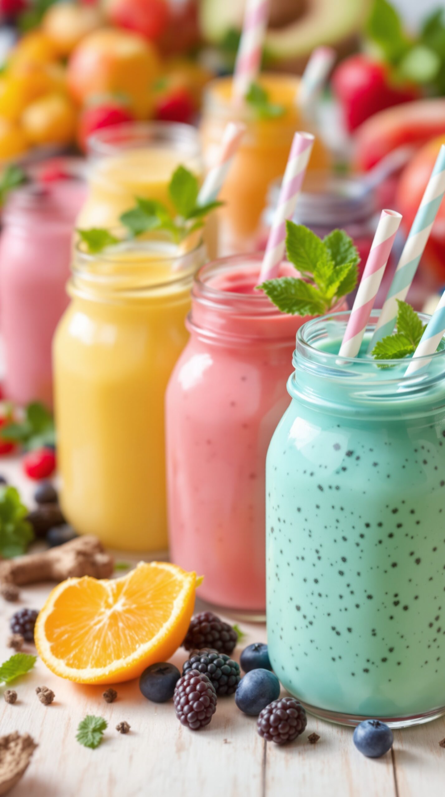 Colorful pastel smoothies in jars with straws and fresh fruits scattered around.