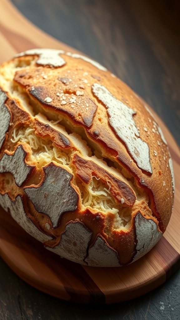 A freshly baked sourdough bread loaf with a crispy crust and soft interior, resting on a wooden cutting board.