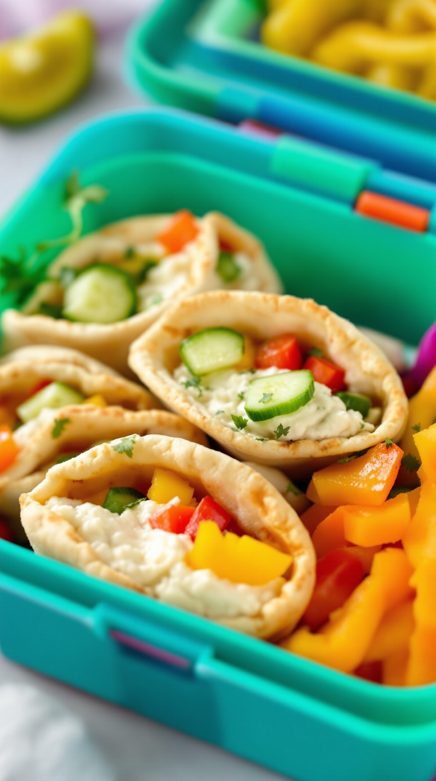 Mini pita pockets filled with hummus and colorful vegetables in a lunch box
