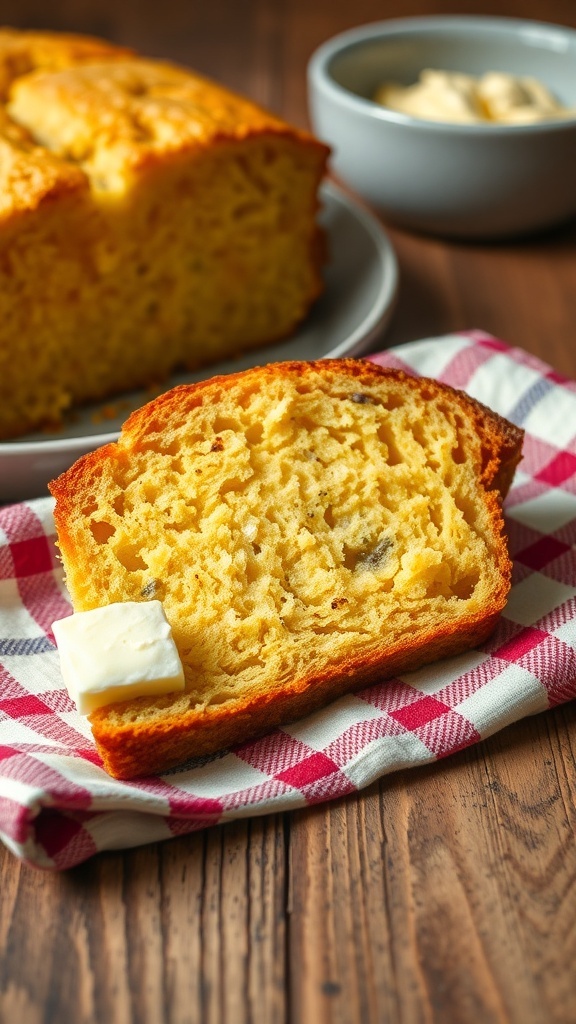 A slice of sourdough cornbread with butter on a checkered napkin.