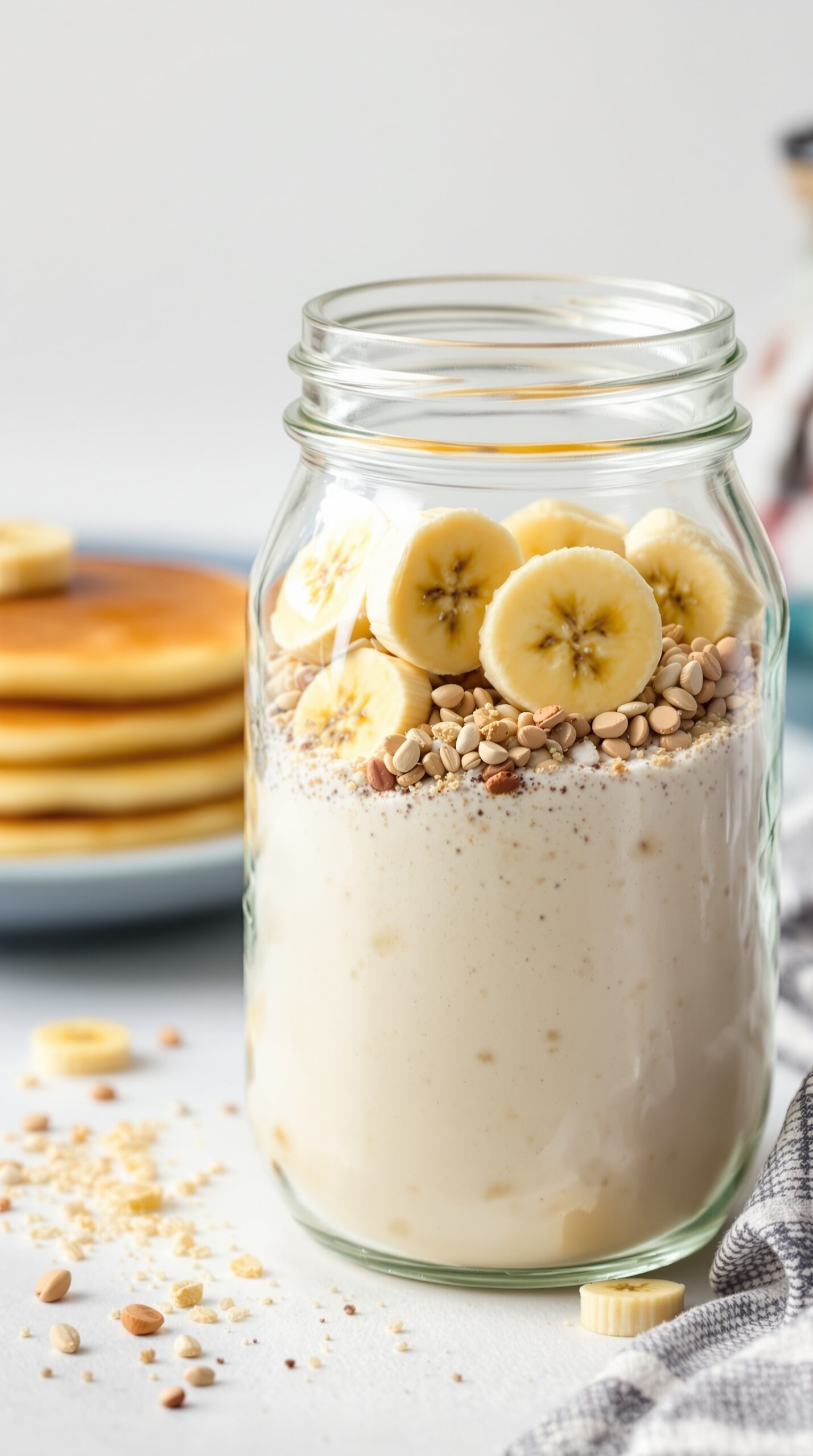 A jar filled with banana pancakes, sliced bananas, and seeds, with pancakes in the background.