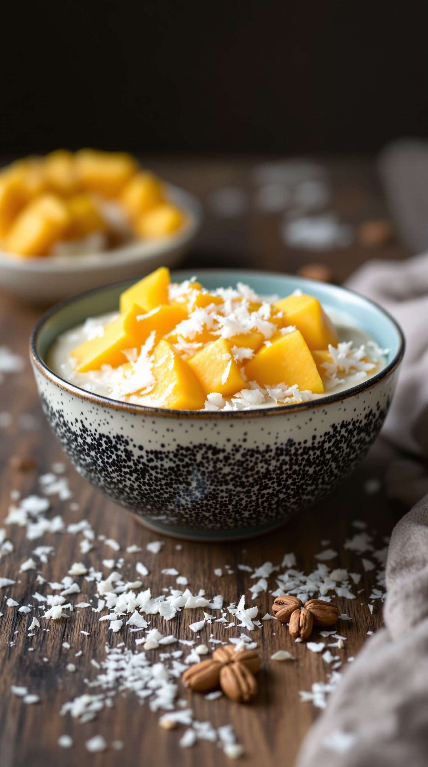Chia seed pudding topped with mango and shredded coconut in a speckled bowl on a wooden surface.