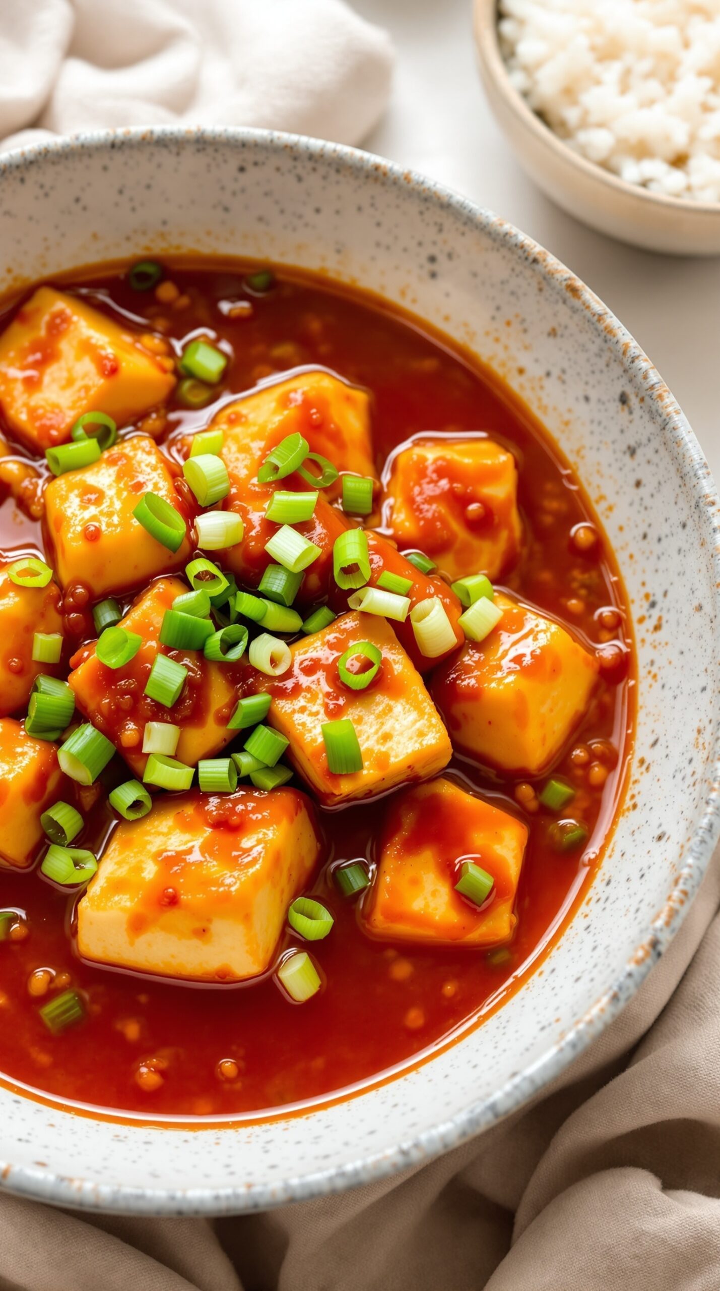 A bowl of Mapo Tofu topped with green onions, surrounded by a light background and a small bowl of rice.