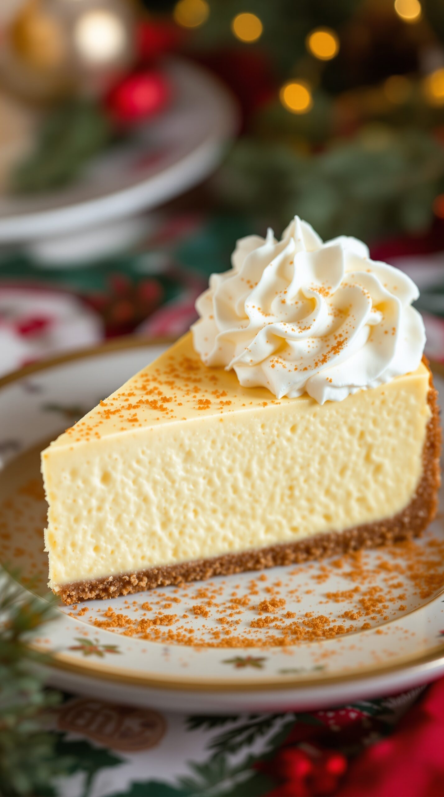 A slice of eggnog cheesecake topped with whipped cream and nutmeg on a festive plate.