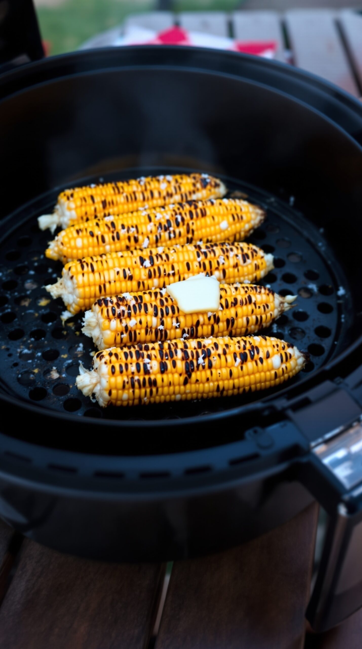 Air fryer with corn on the cob cooking inside, topped with butter.