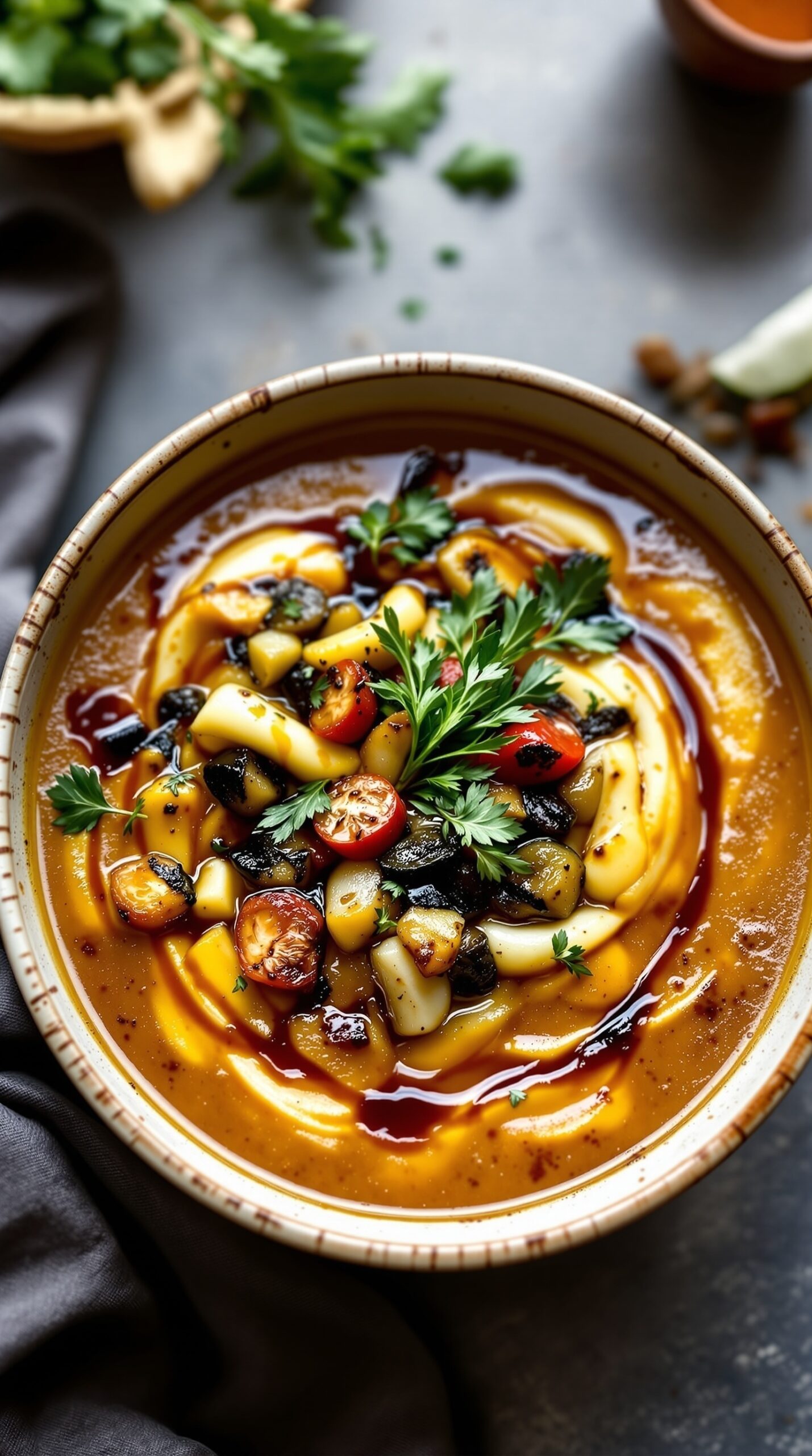 A bowl of roasted vegetable soup with colorful vegetables and herbs on top.