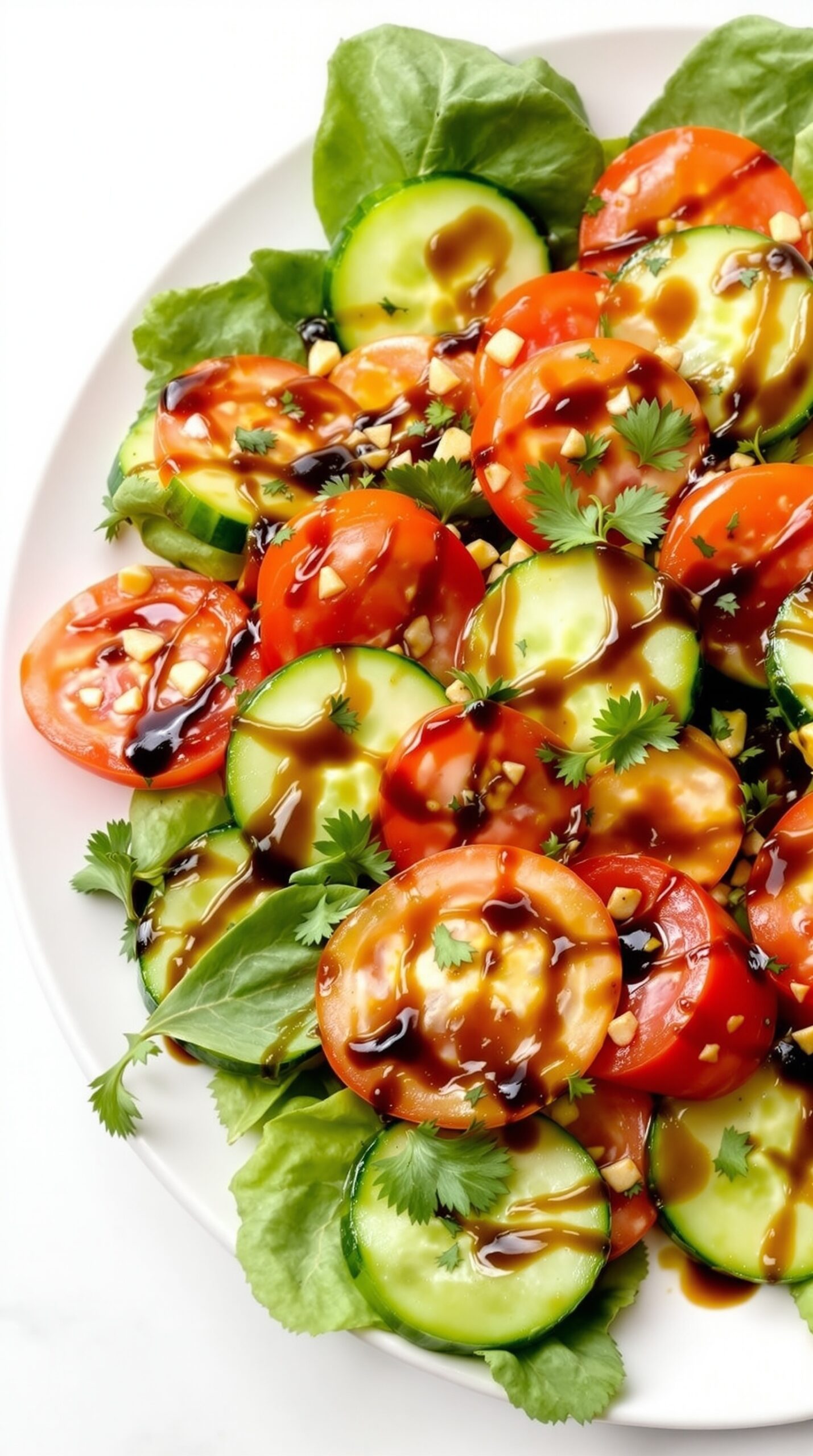 A vibrant cucumber tomato salad drizzled with balsamic dressing, garnished with herbs.