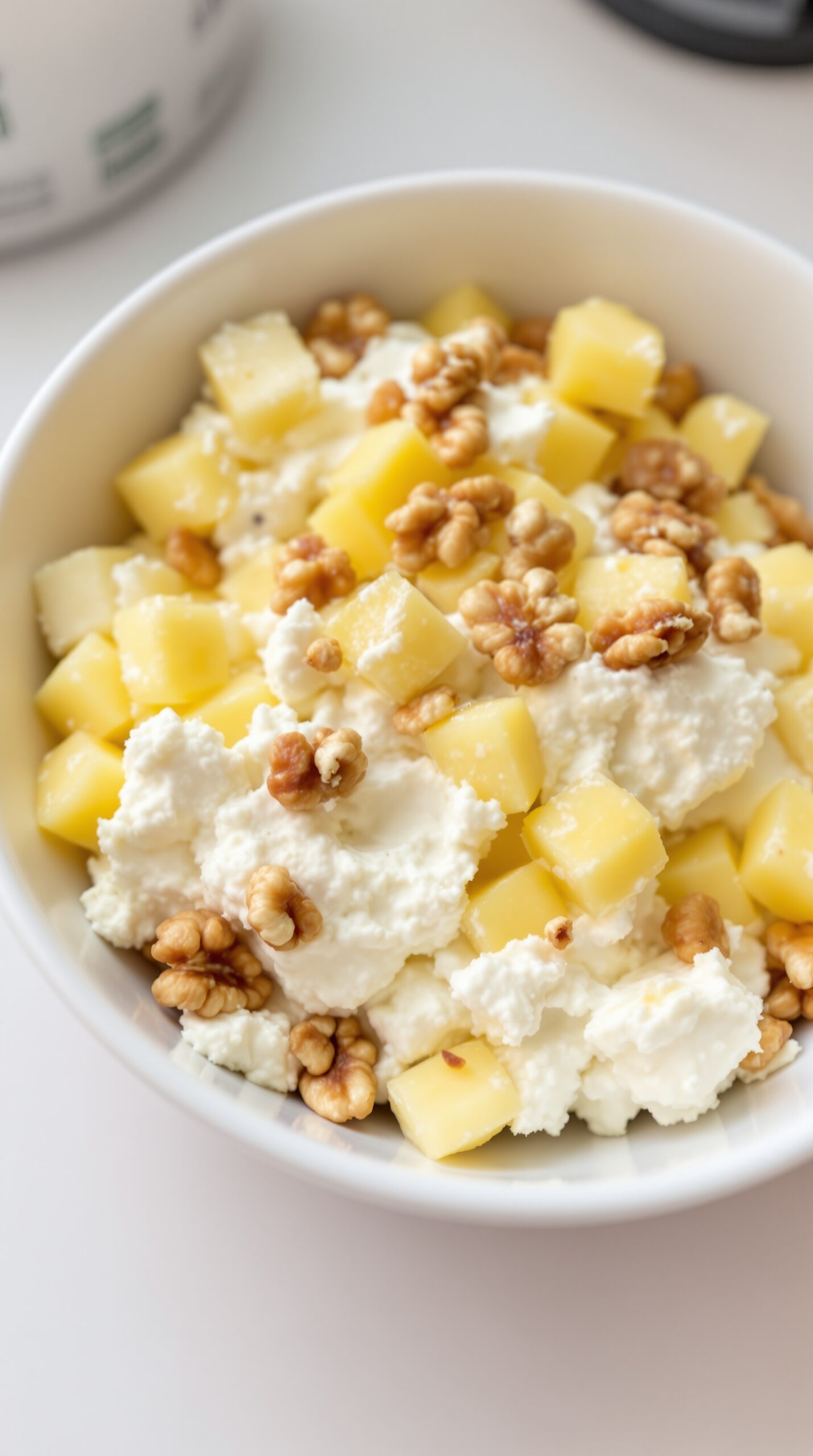 A bowl of cottage cheese topped with diced pineapple and walnuts.