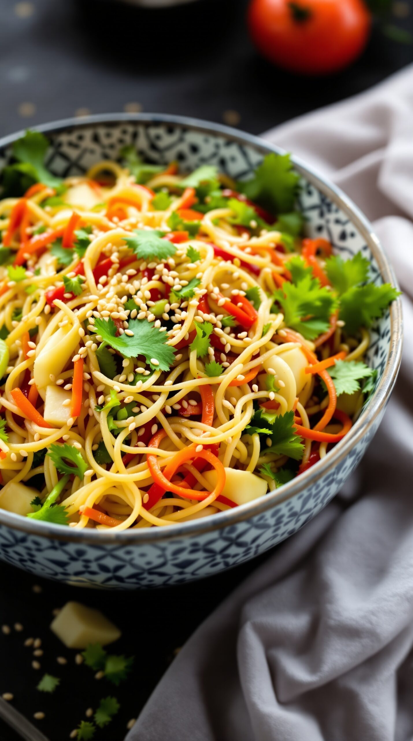 Colorful Asian sesame noodle salad with carrots, bell peppers, and sesame seeds on top