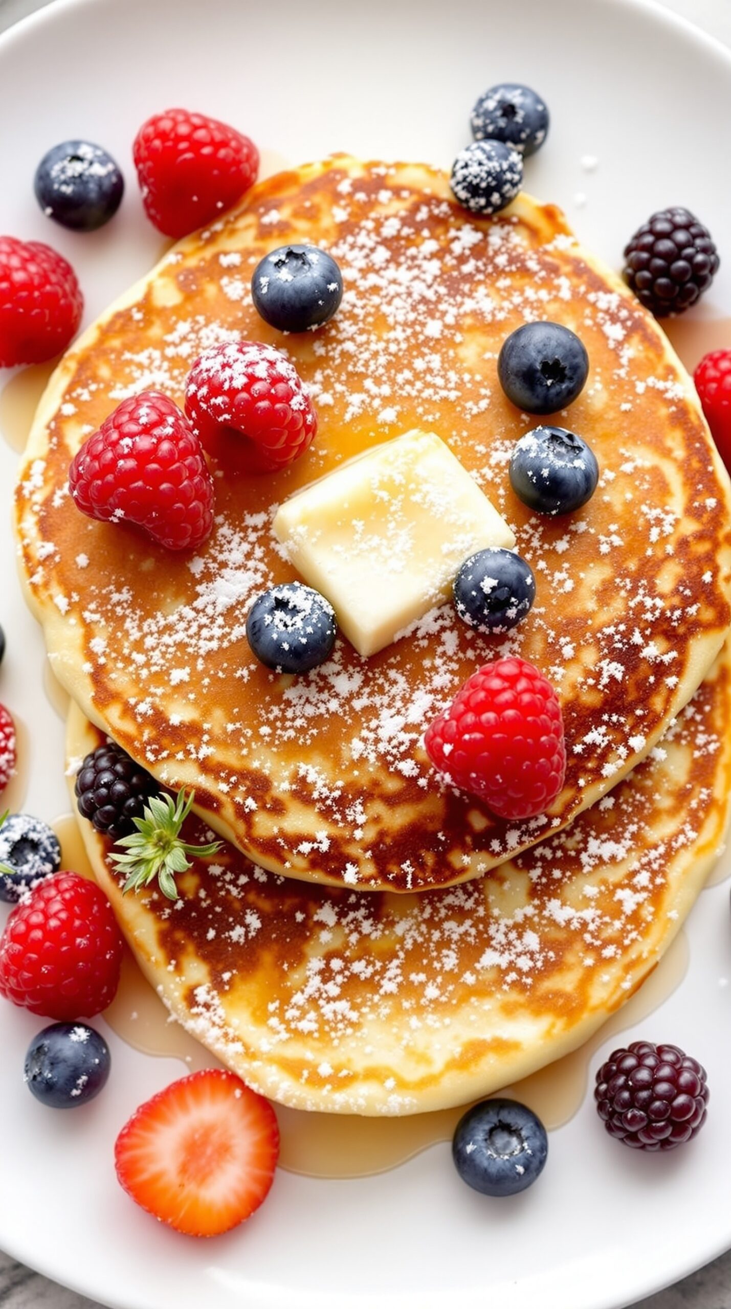 A stack of lemon ricotta pancakes topped with butter, powdered sugar, and fresh berries.