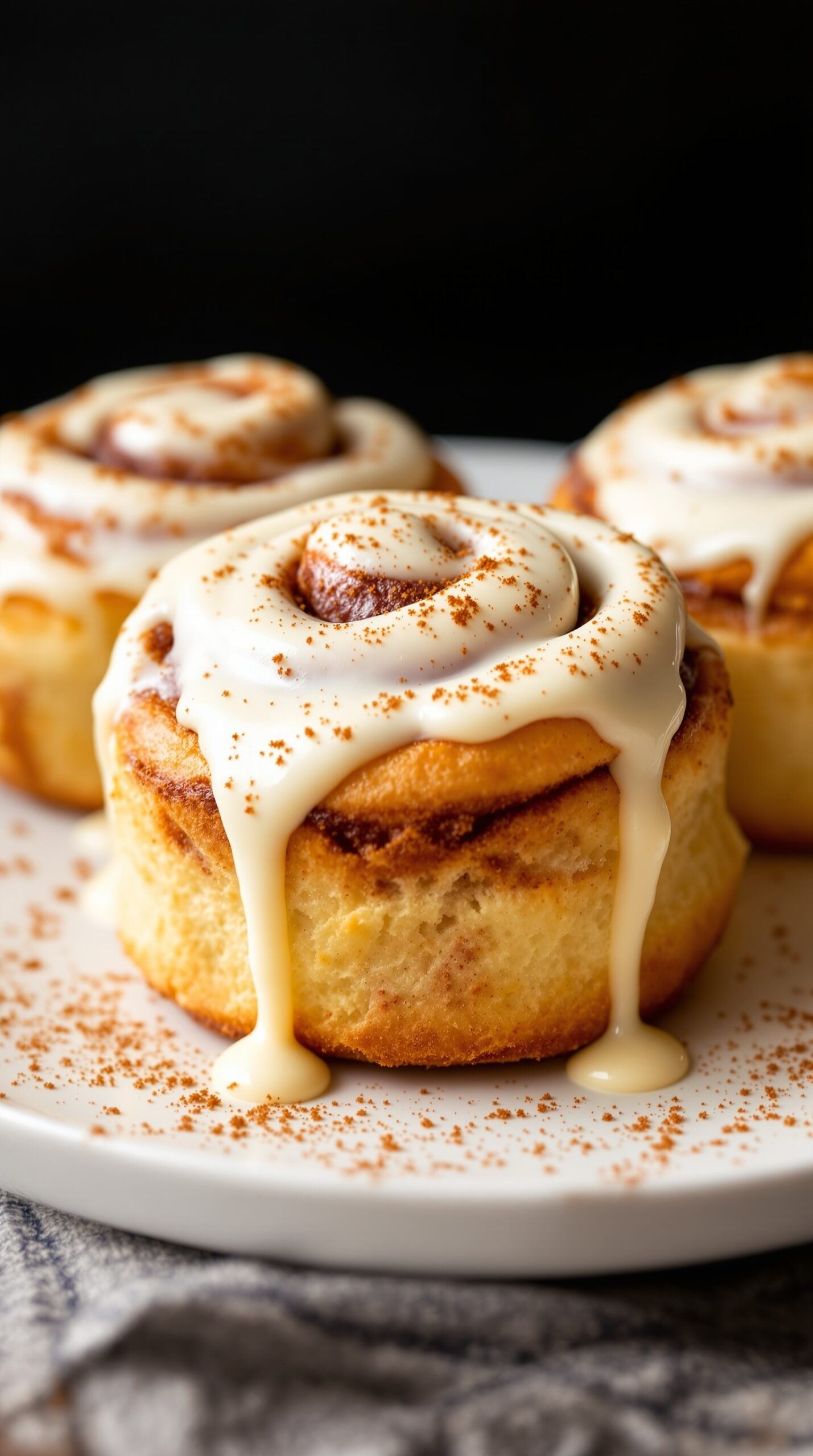 Delicious sourdough cinnamon rolls topped with cream cheese frosting and a sprinkle of cinnamon.