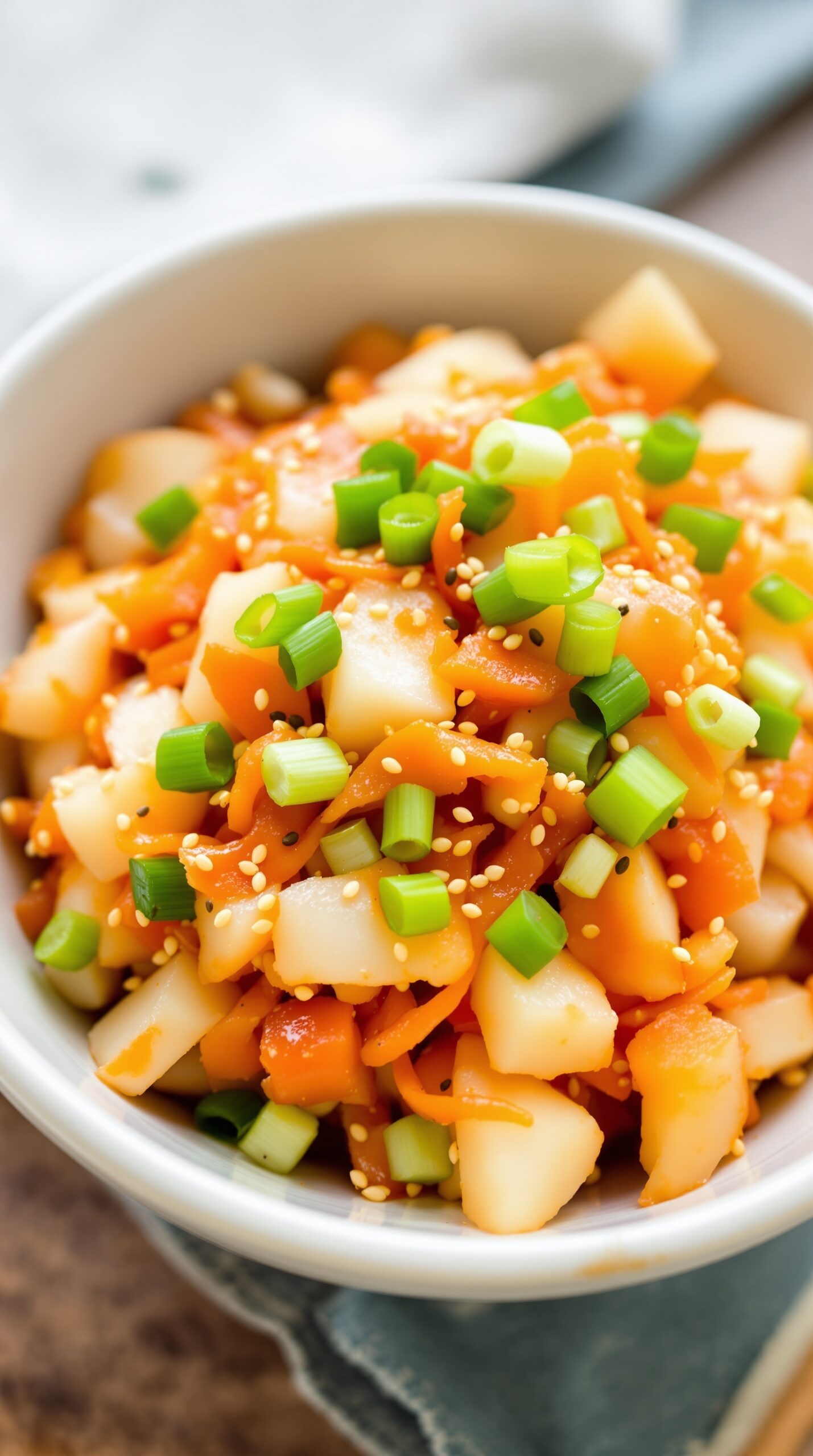 A bowl of Spicy Radish Kimchi (Kkakdugi) with diced radishes, green onions, and sesame seeds.