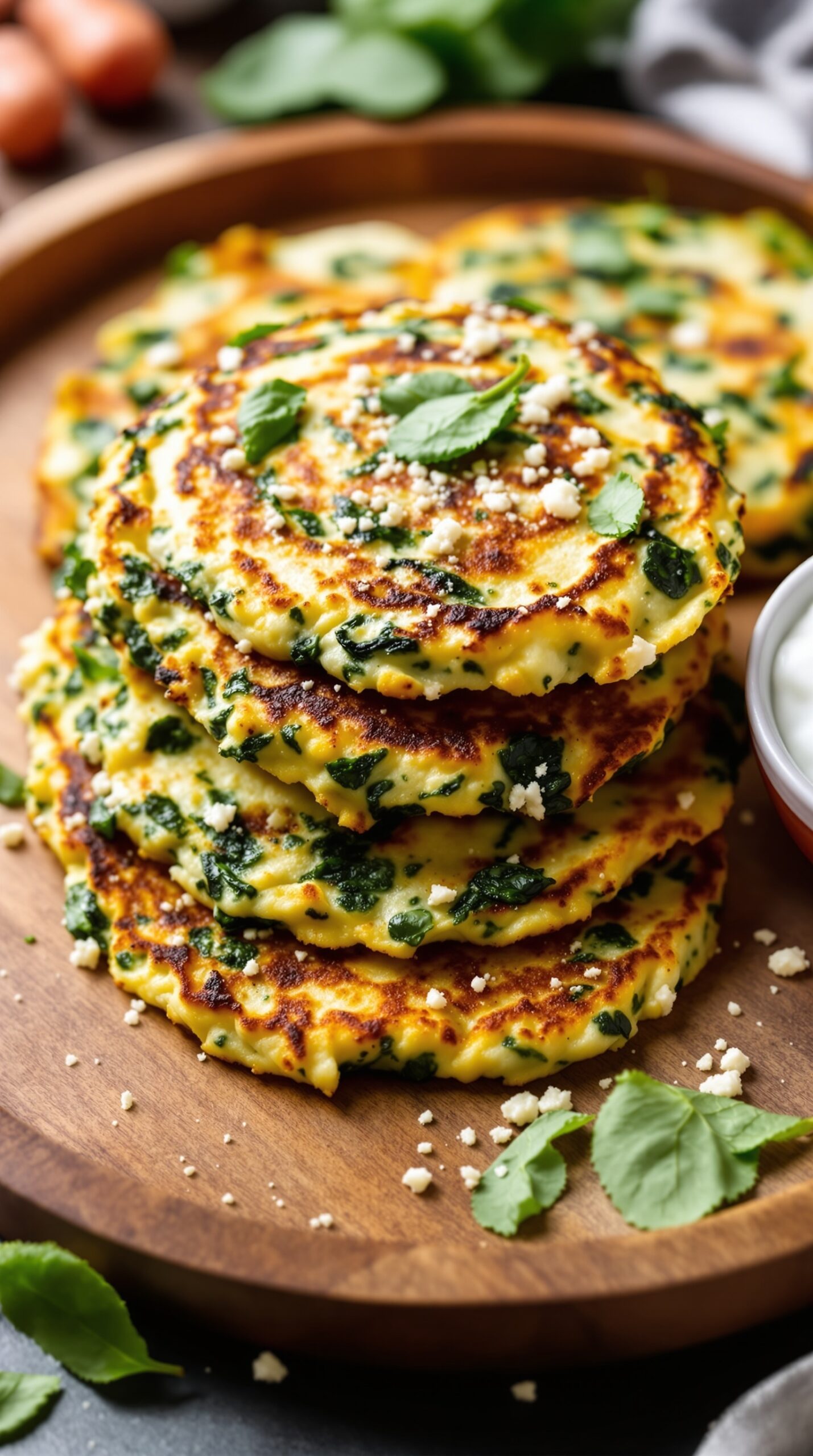 Savory spinach and feta pancakes stacked on a wooden plate, garnished with herbs and feta cheese.