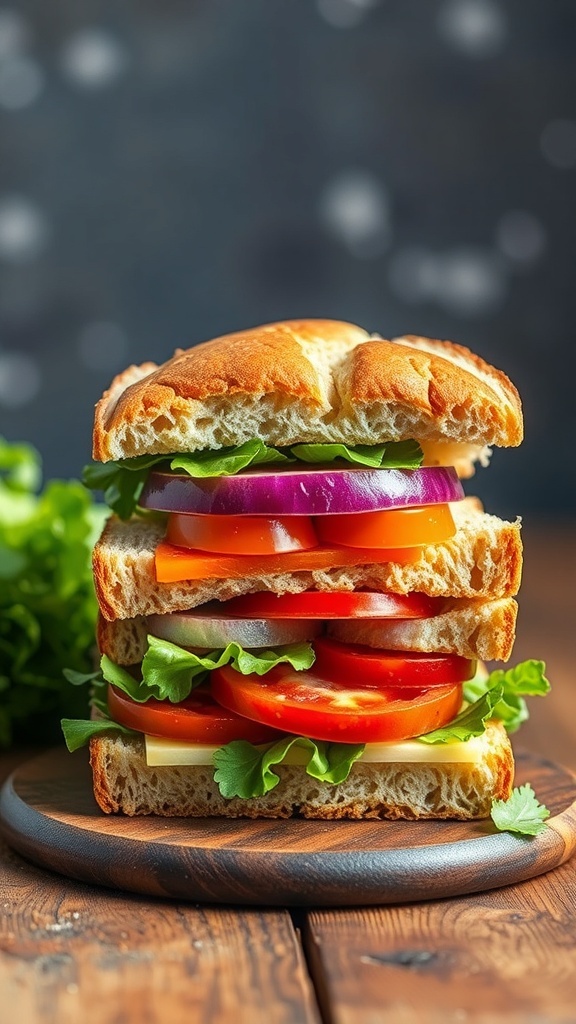 A delicious sourdough sandwich stacked high with fresh vegetables.