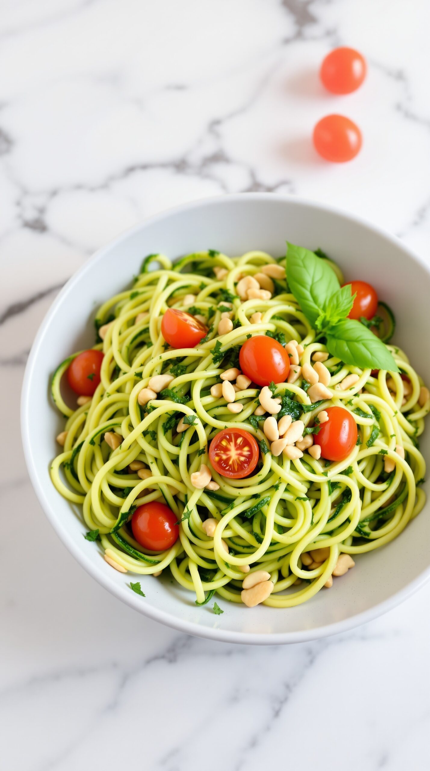 A bowl of zucchini noodles with pesto, cherry tomatoes, and pine nuts.
