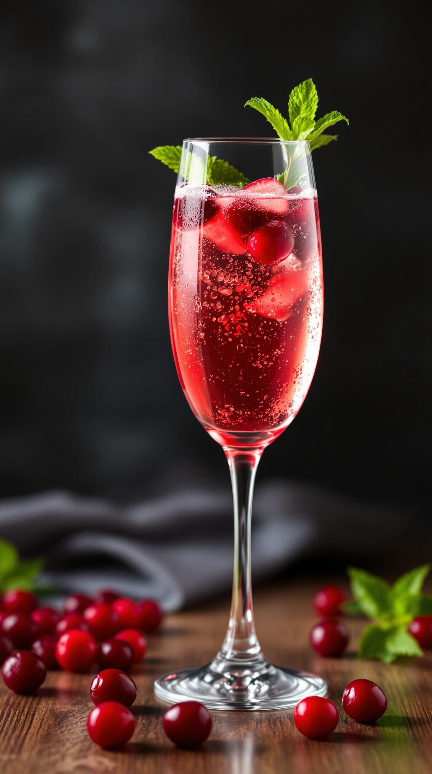 A glass of sparkling cranberry mimosa garnished with cranberries and mint leaves