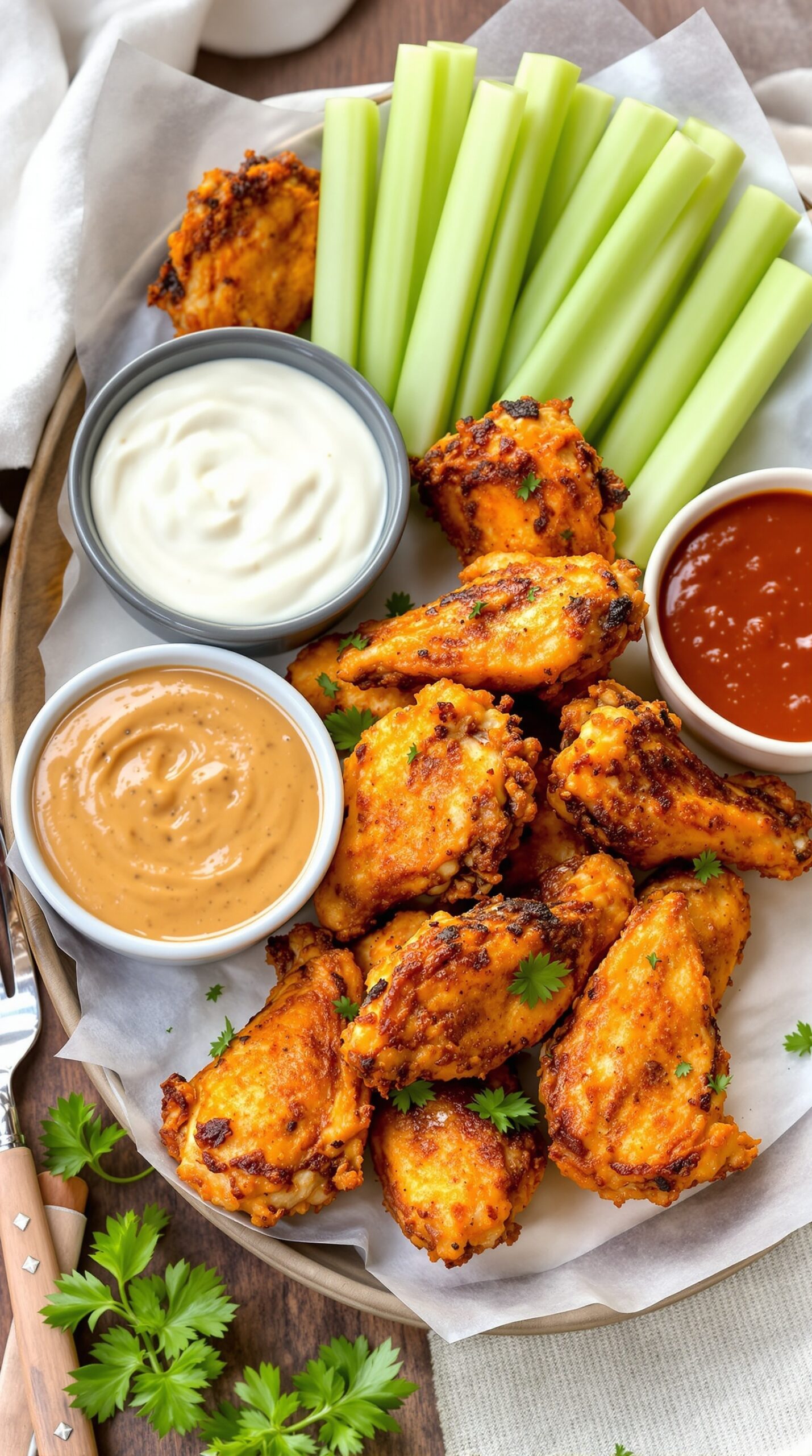 A platter of crispy air fryer chicken wings served with celery sticks and various dipping sauces.