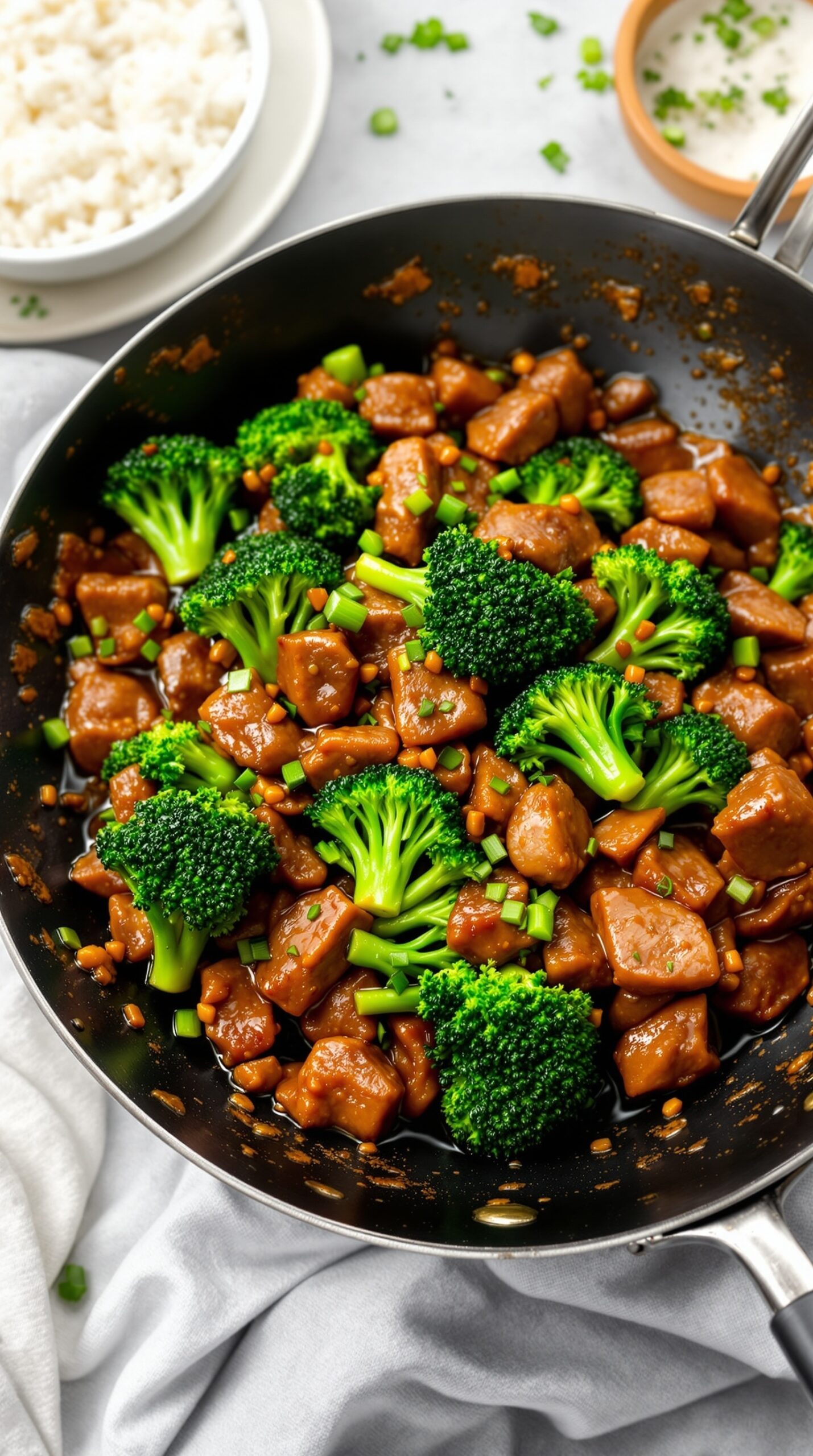 A delicious beef and broccoli stir-fry in a skillet with vibrant colors.