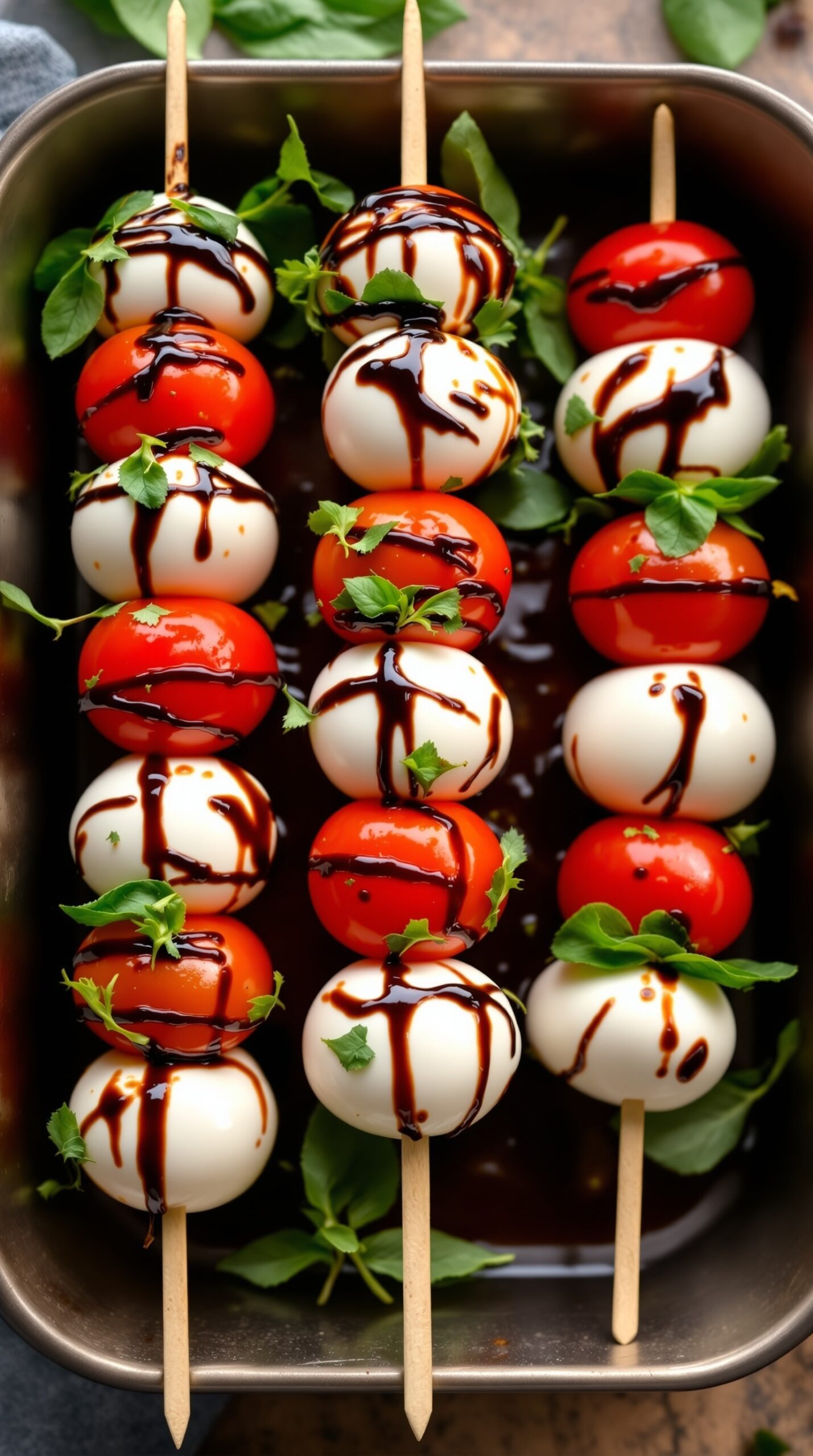 Colorful Caprese skewers with mozzarella, tomatoes, and basil drizzled with balsamic glaze.