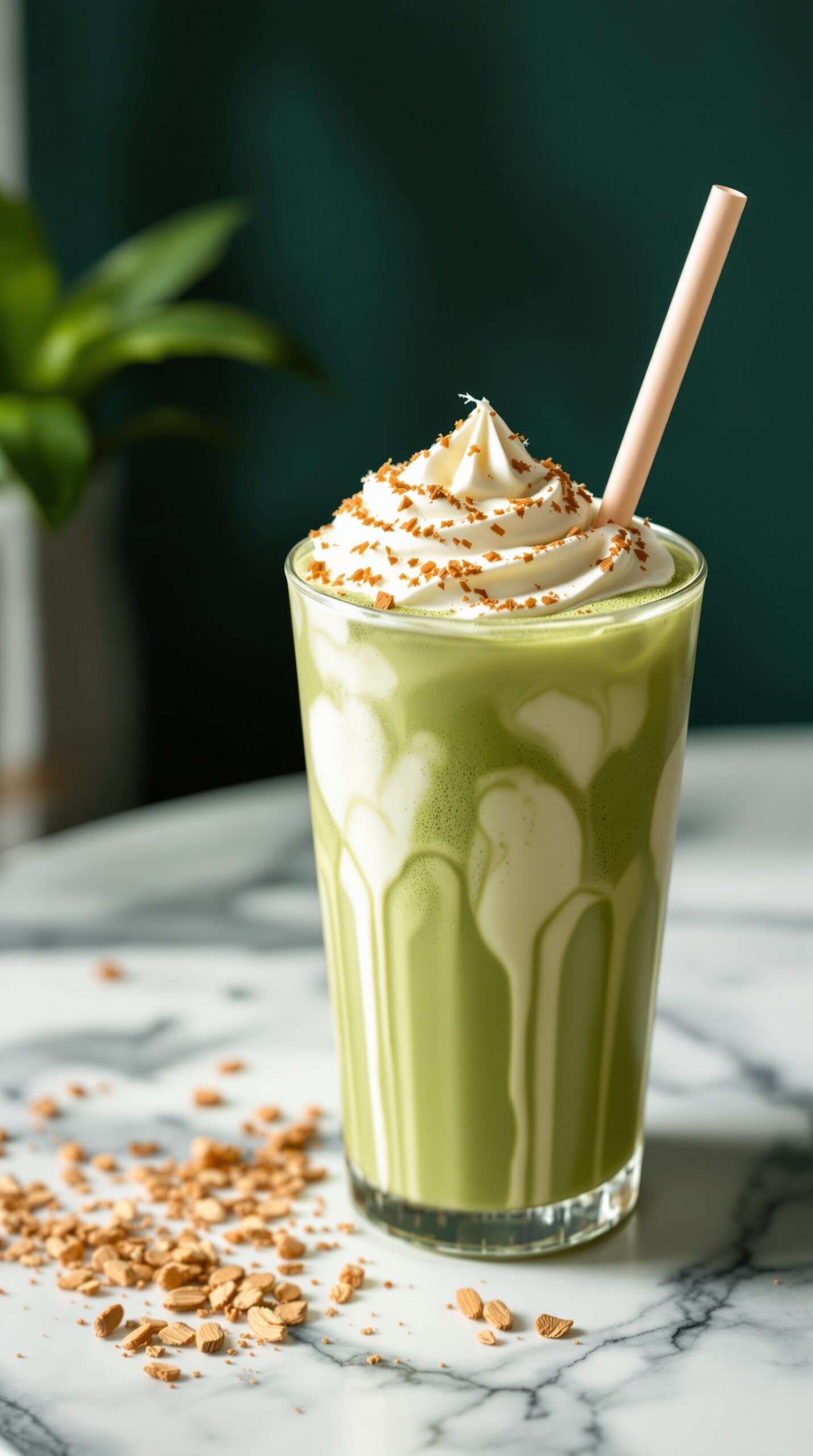 A glass of iced matcha latte topped with coconut cream and garnished with coconut flakes.