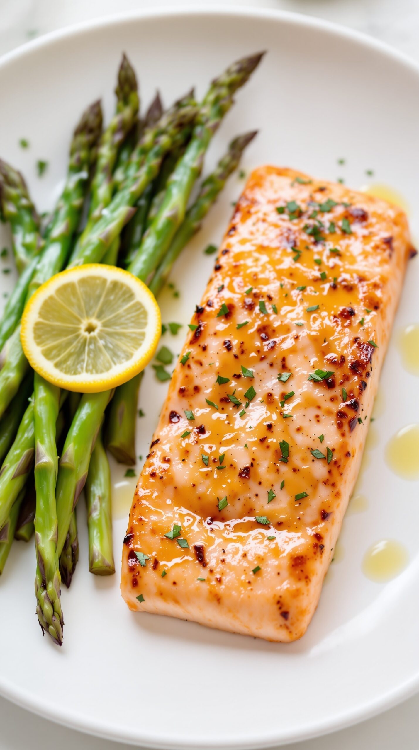 Baked salmon with asparagus and lemon on a white plate