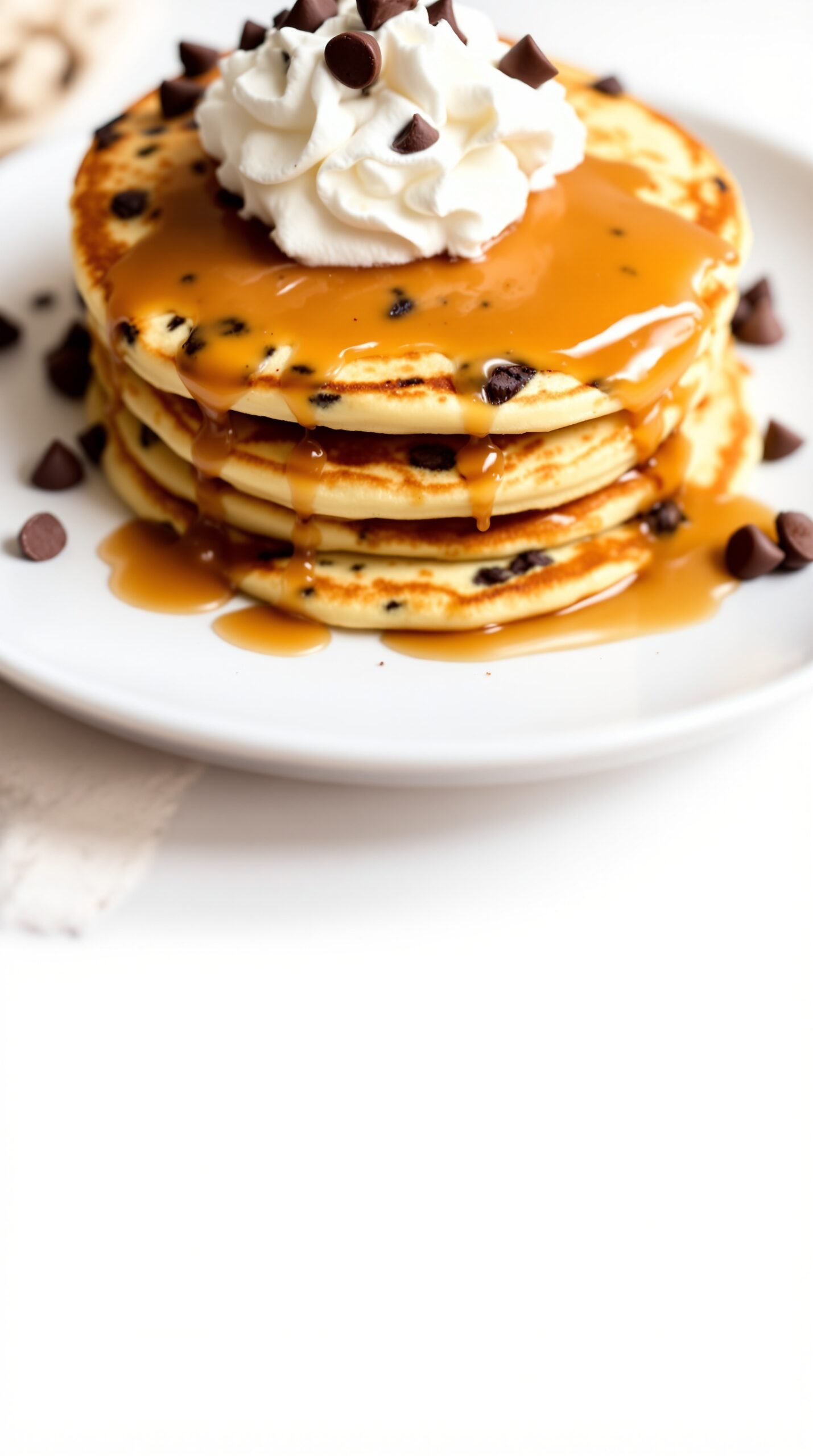 A stack of chocolate chip pancakes topped with whipped cream and caramel sauce.