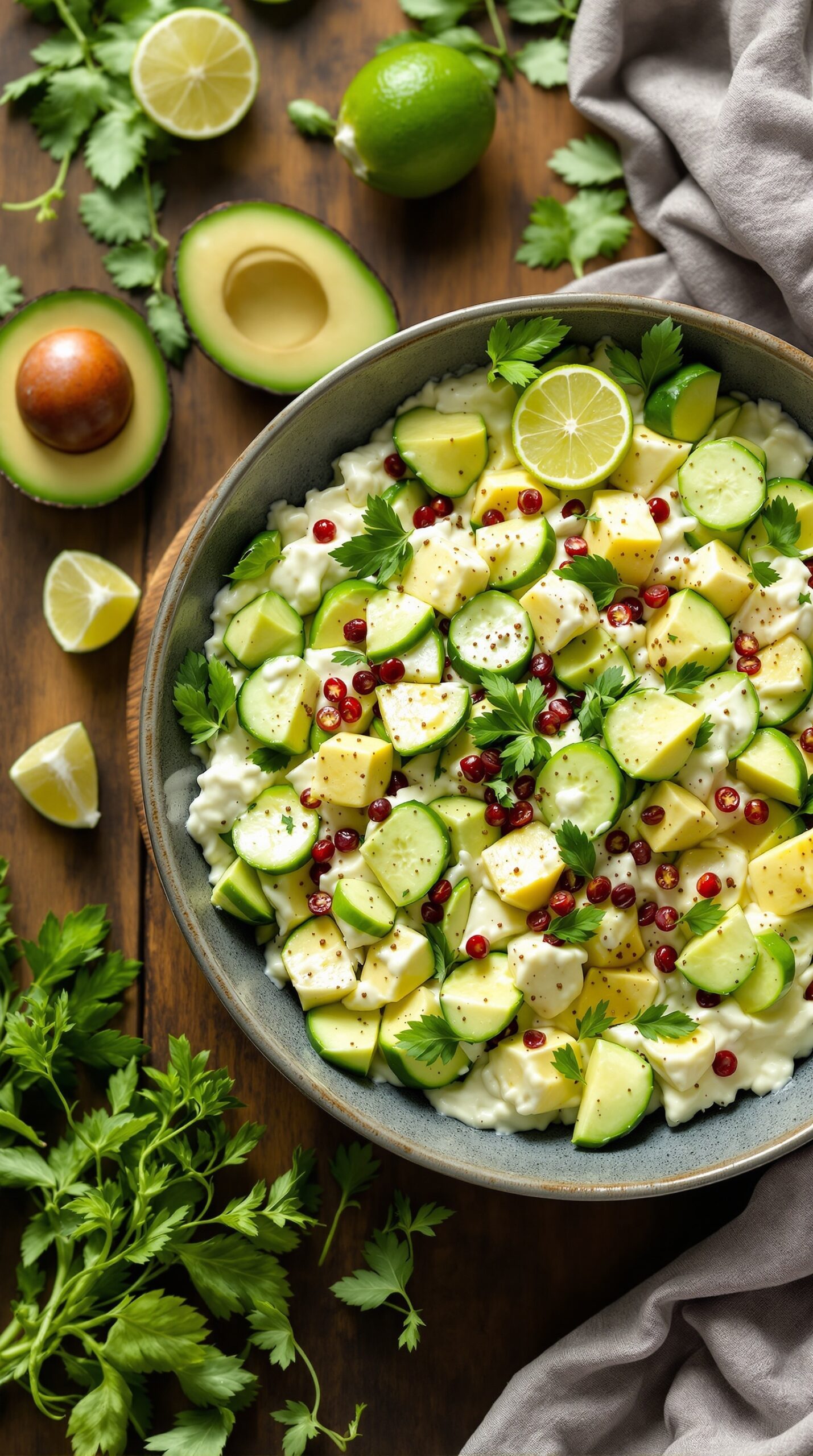 A vibrant cucumber and avocado salad with pomegranate seeds, garnished with lime and fresh herbs.