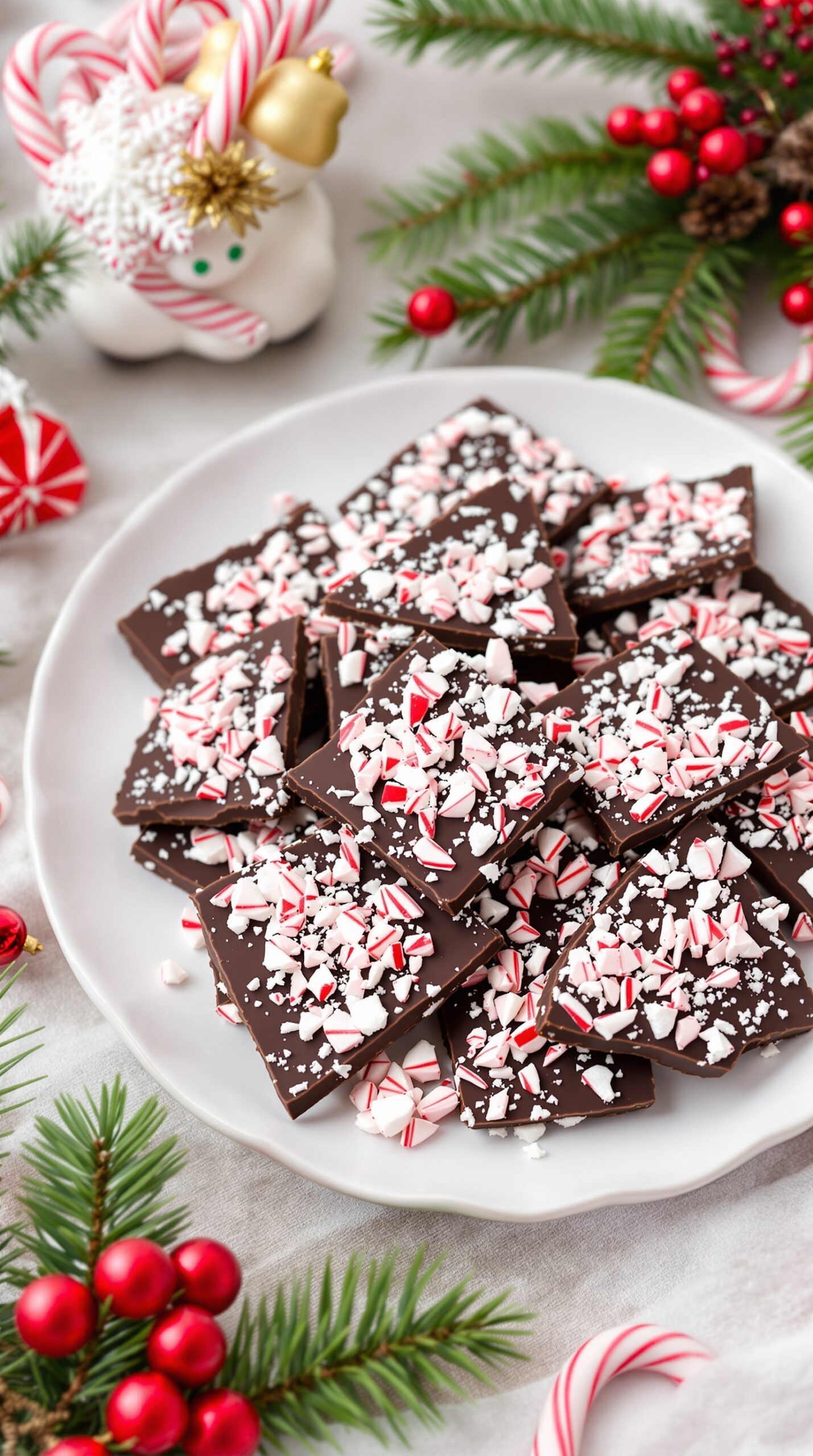 A plate of chocolate peppermint bark topped with crushed peppermint candies, surrounded by festive decorations.