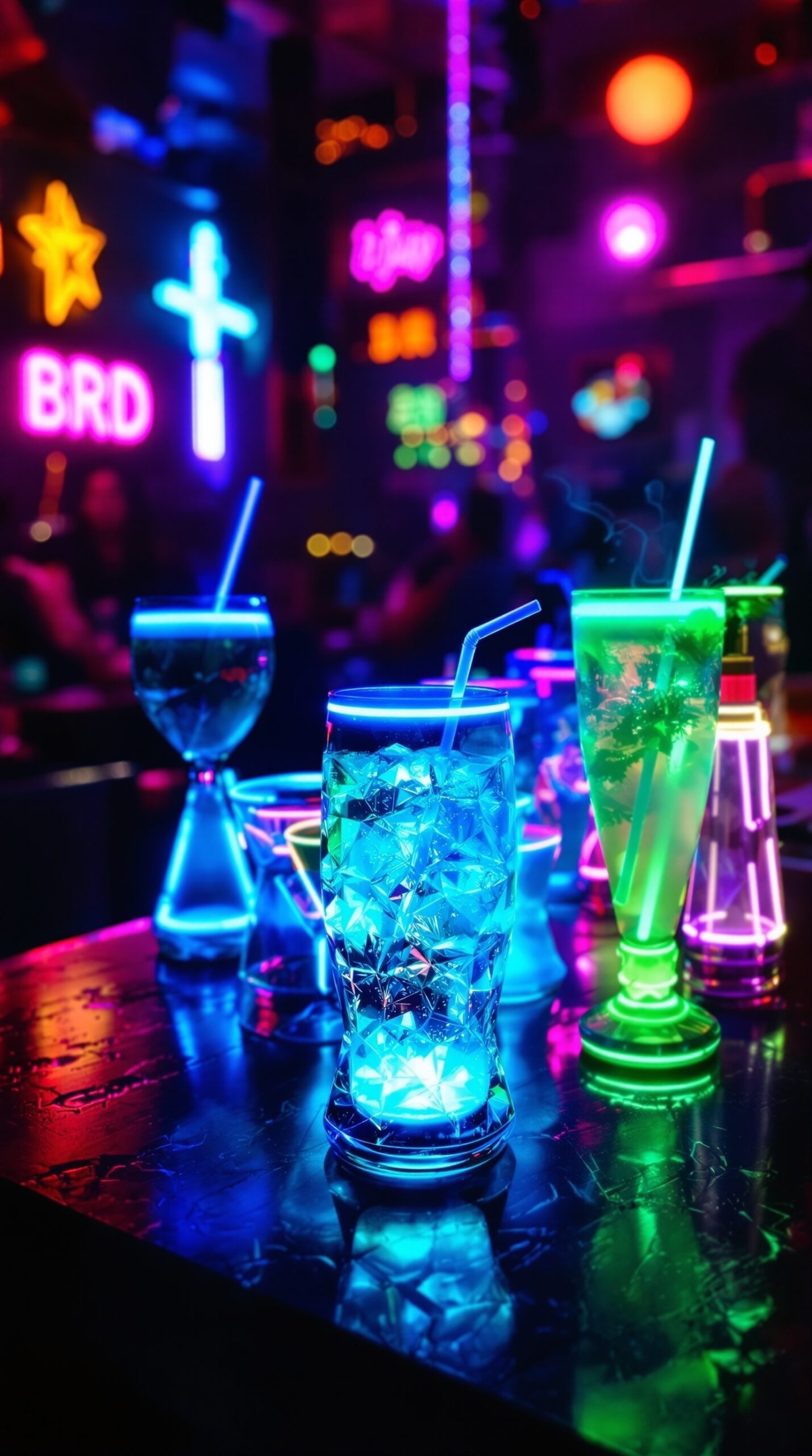 A vibrant collection of glowing neon drinks on a nightclub table.
