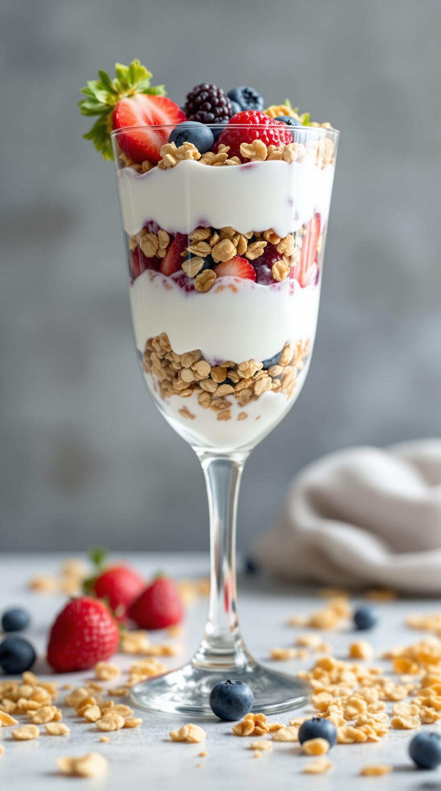 A delicious Greek yogurt parfait with layers of granola and fresh berries in a glass.