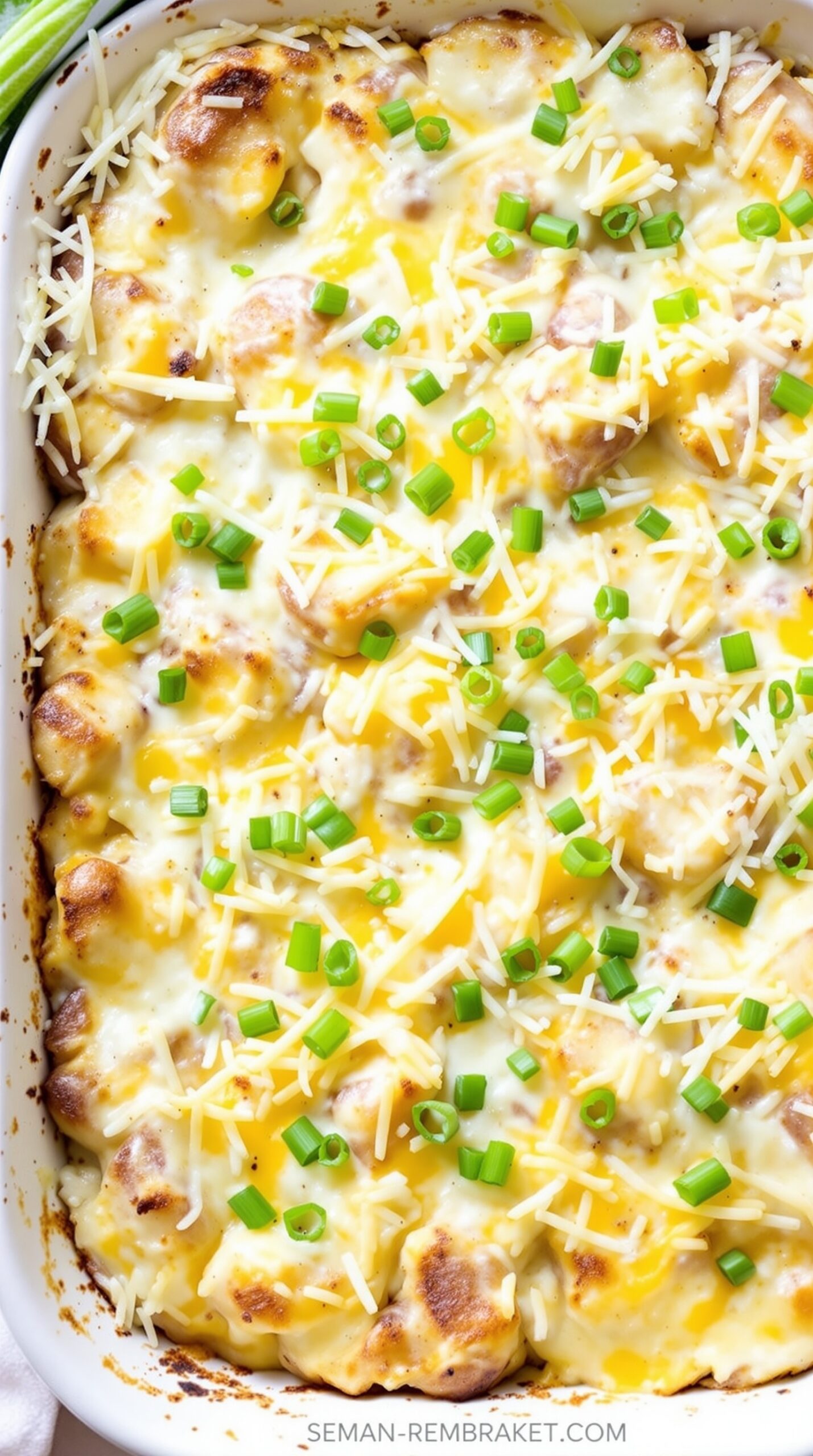 A delicious Twice-Baked Potato Casserole topped with cheese and green onions.