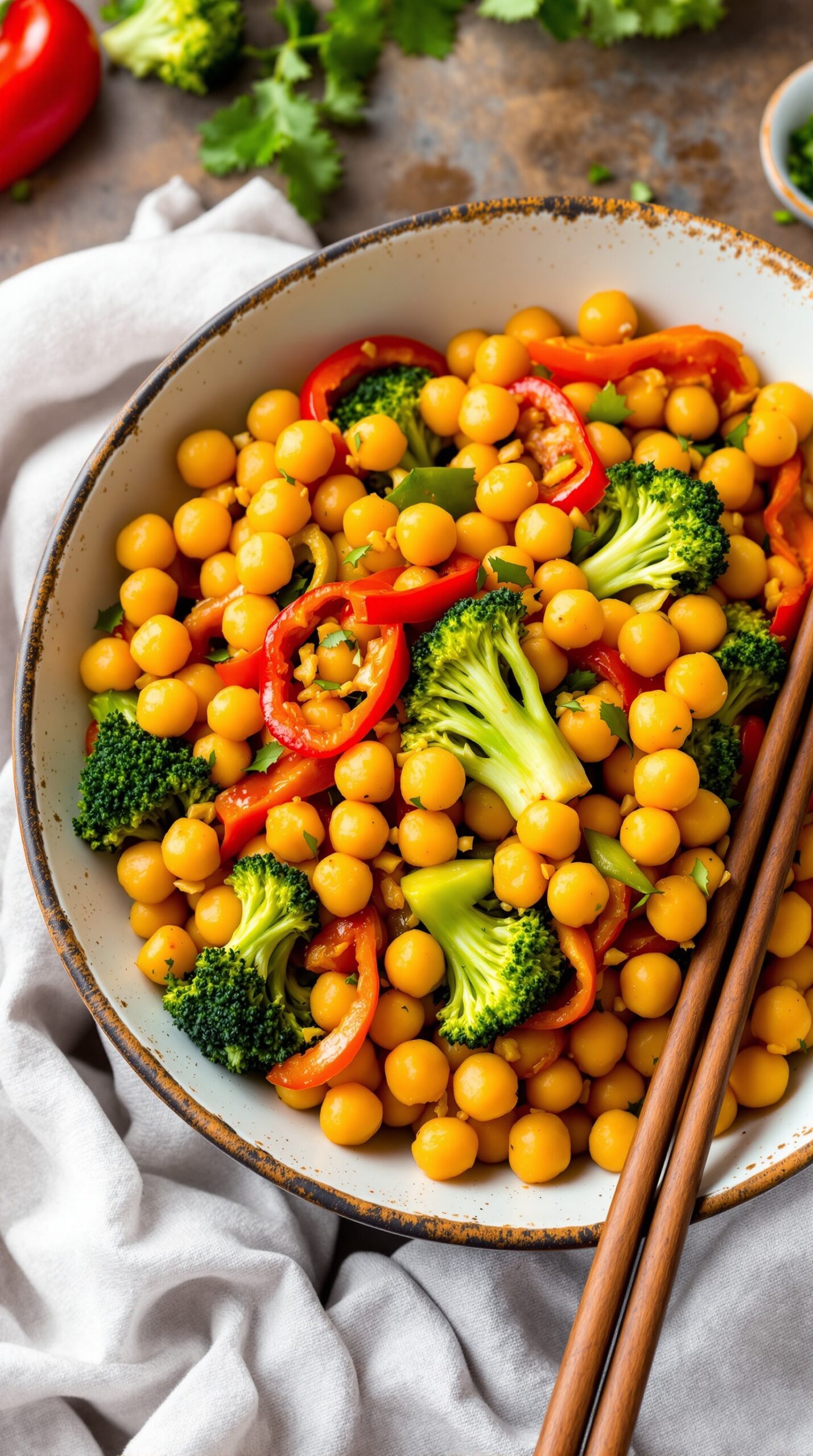 A colorful bowl of chickpea stir-fry with broccoli and red bell peppers.