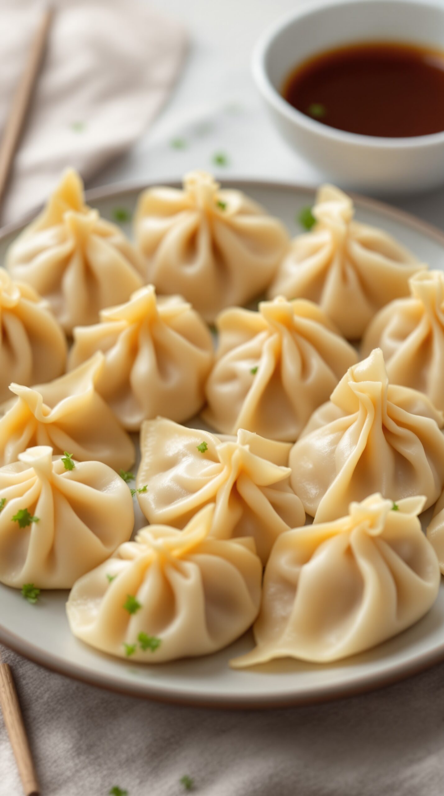 A plate of traditional dumplings arranged neatly, with a bowl of dipping sauce in the background.