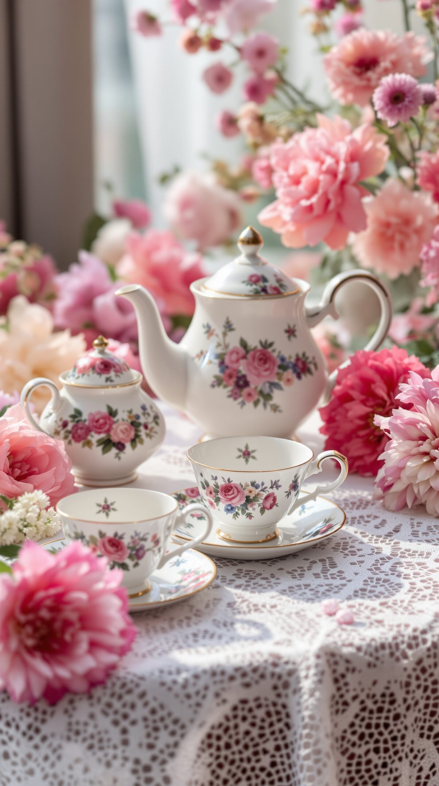 Vintage floral tea set with flowers in a soft, cozy setting
