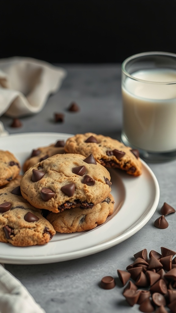 Plate of sourdough chocolate chip cookies with a glass of milk