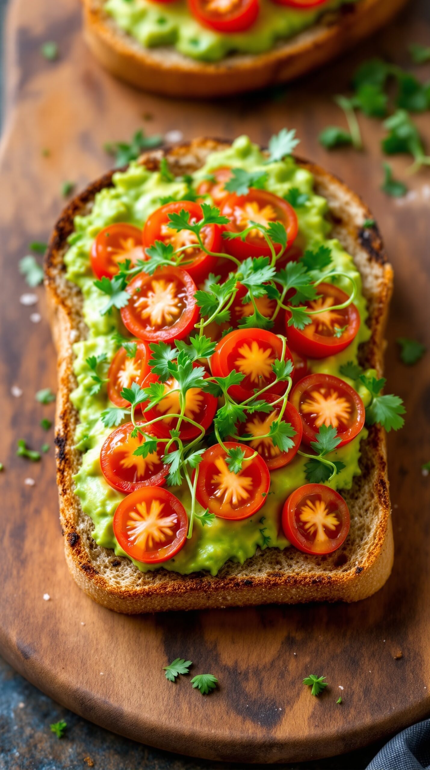 A slice of avocado toast topped with cherry tomatoes and cilantro on a wooden board.