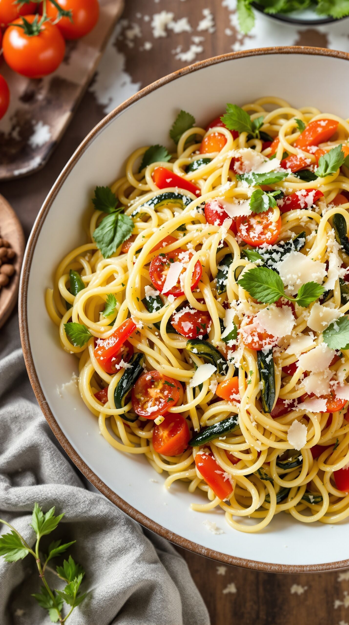 A bowl of Pasta Primavera with fresh vegetables, topped with cheese and herbs.