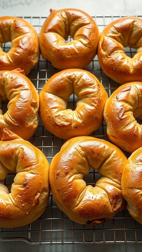 Freshly baked sourdough bagels cooling on a wire rack.