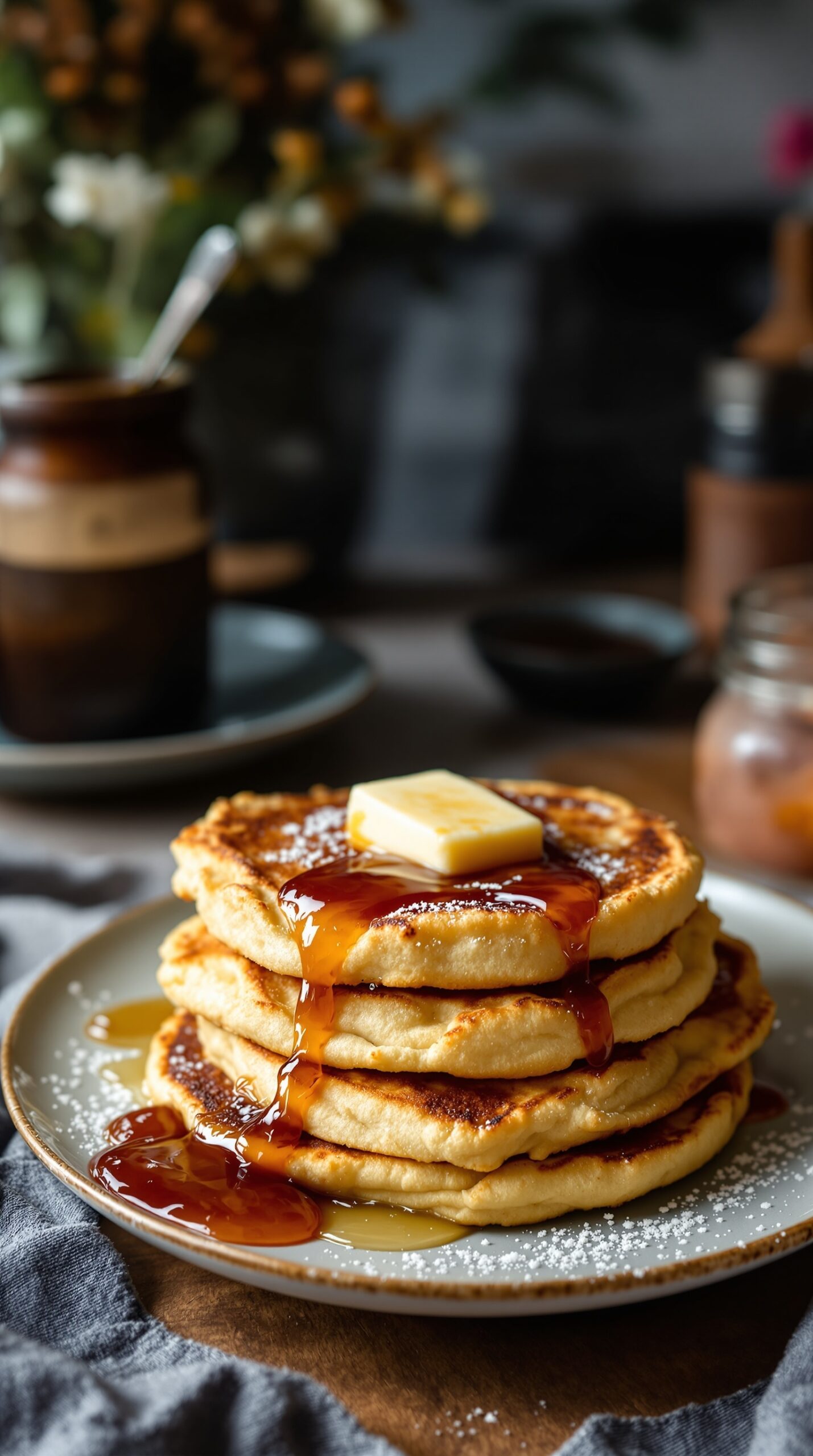 A stack of sourdough crumpets topped with butter and syrup on a plate
