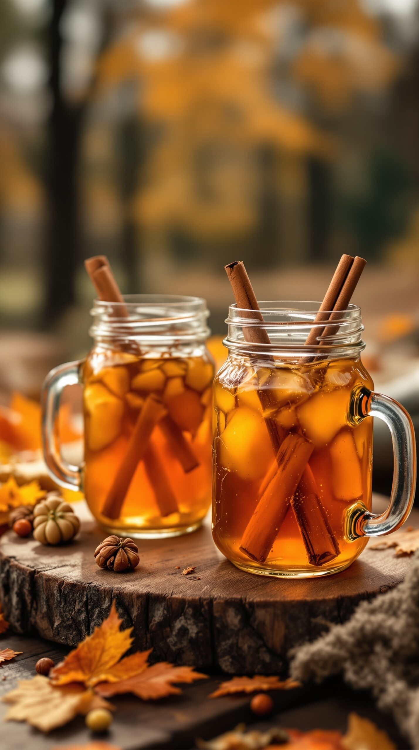Cider in mason jars with cinnamon sticks, surrounded by autumn leaves and small pumpkins.