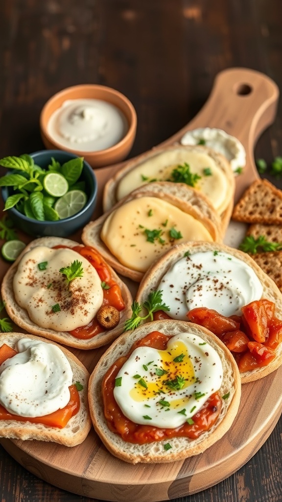 A platter of sourdough flatbreads topped with eggs, tomatoes, and sauces, showcasing their versatility.
