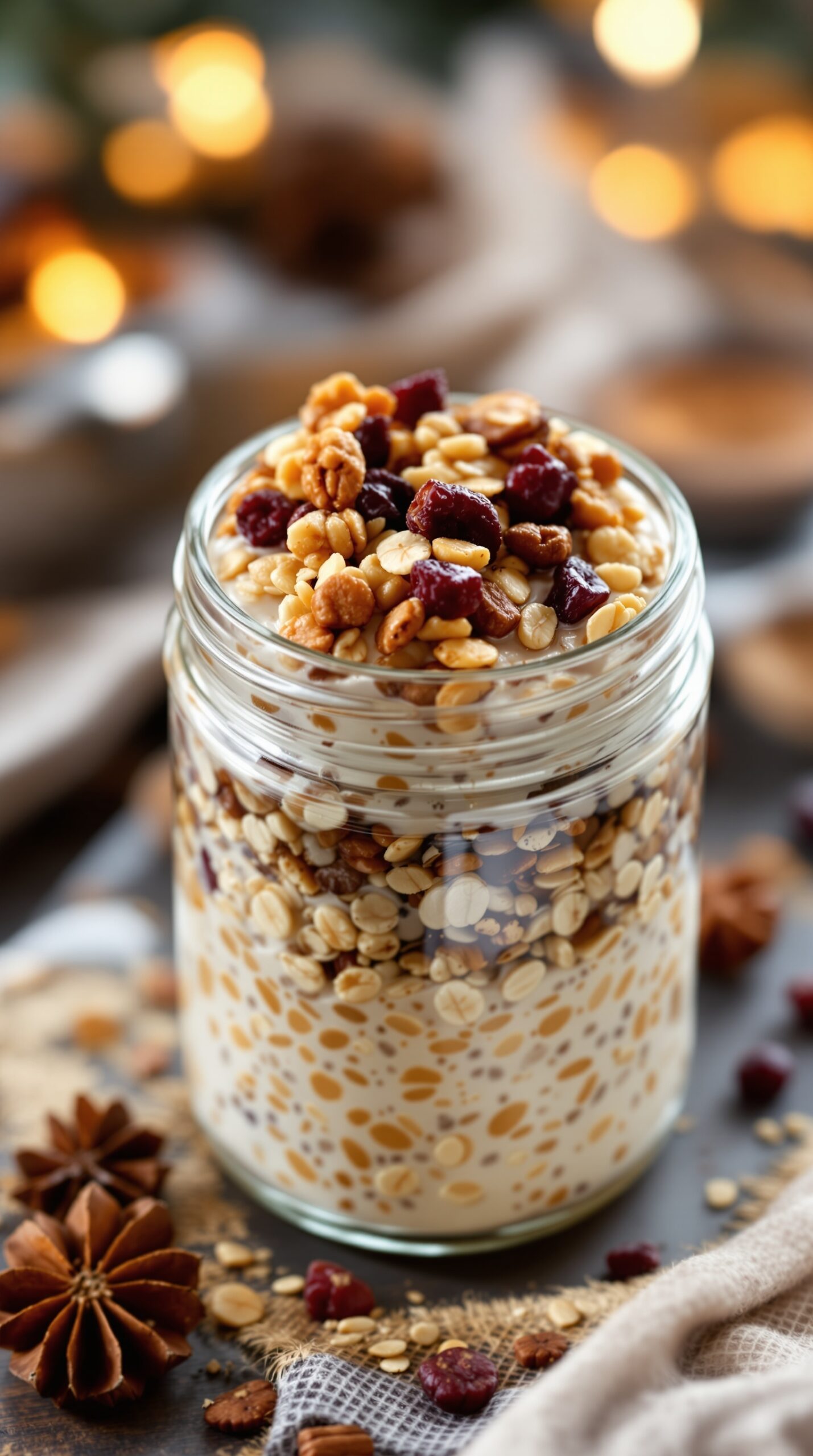 A jar of holiday spice overnight oats topped with granola and dried fruits, set against a cozy, festive background.