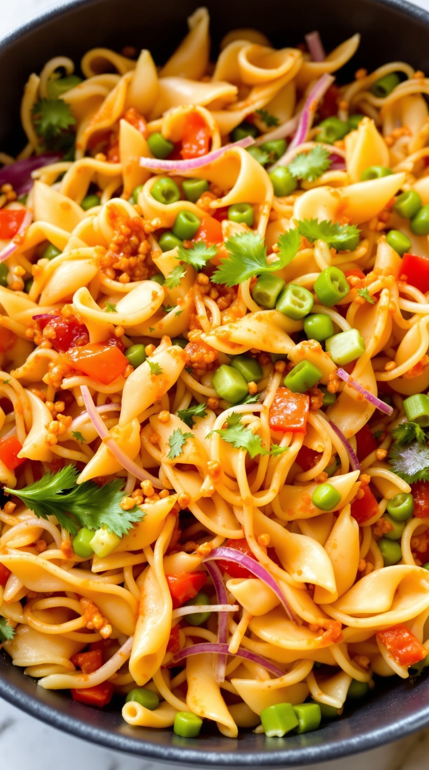A colorful bowl of kimchi pasta salad with vegetables and herbs.