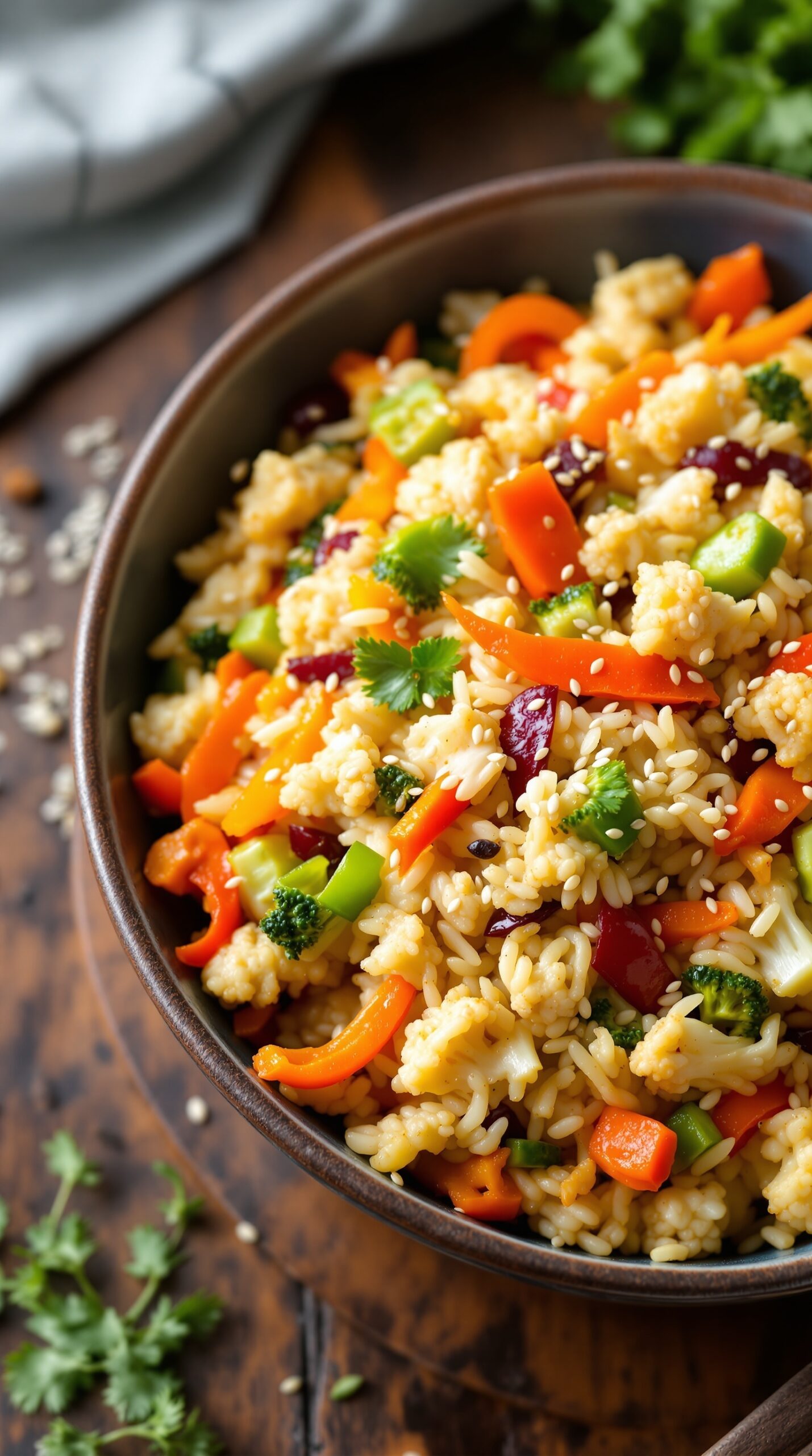 A bowl of colorful cauliflower rice stir-fry with various vegetables.