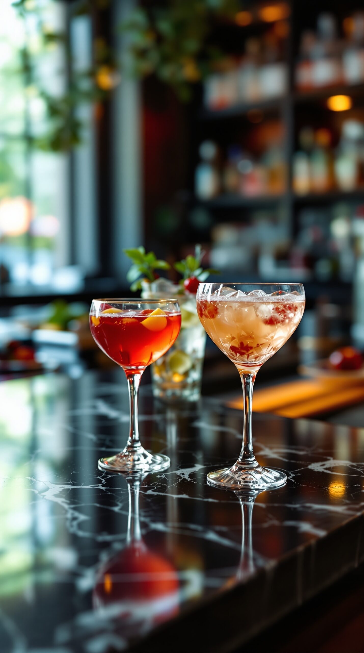 Two chic mocktails in crystal glasses, one red with citrus and one lighter with mint.