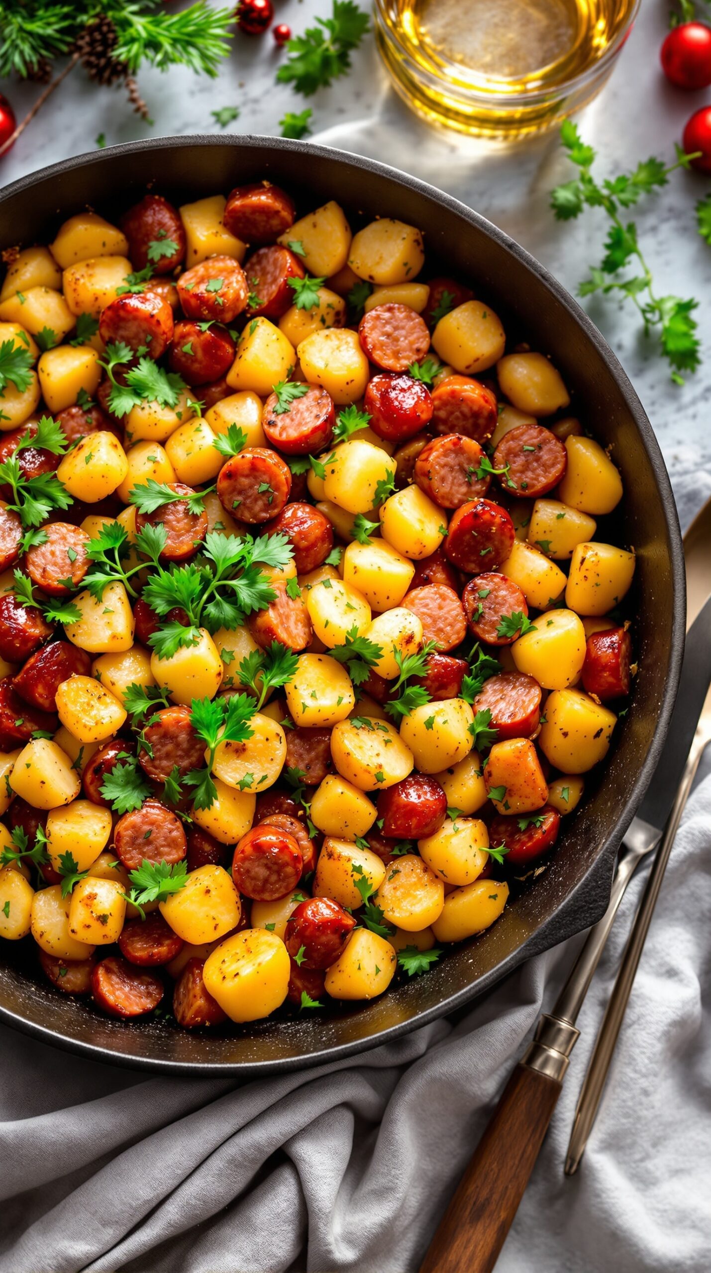 A delicious herbed potato and sausage hash in a skillet, garnished with fresh parsley.