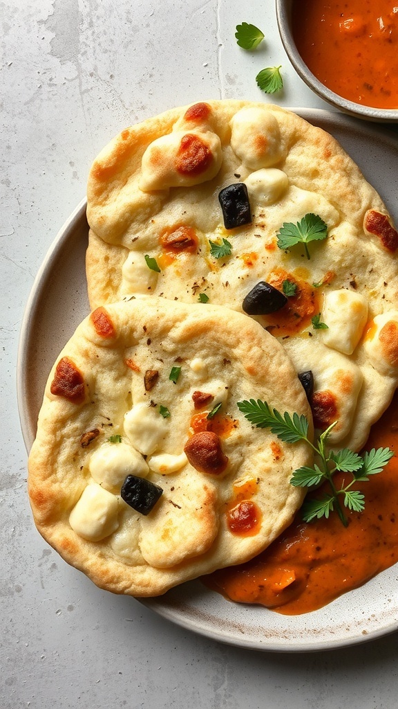 Sourdough naan bread topped with cheese and served with a dipping sauce