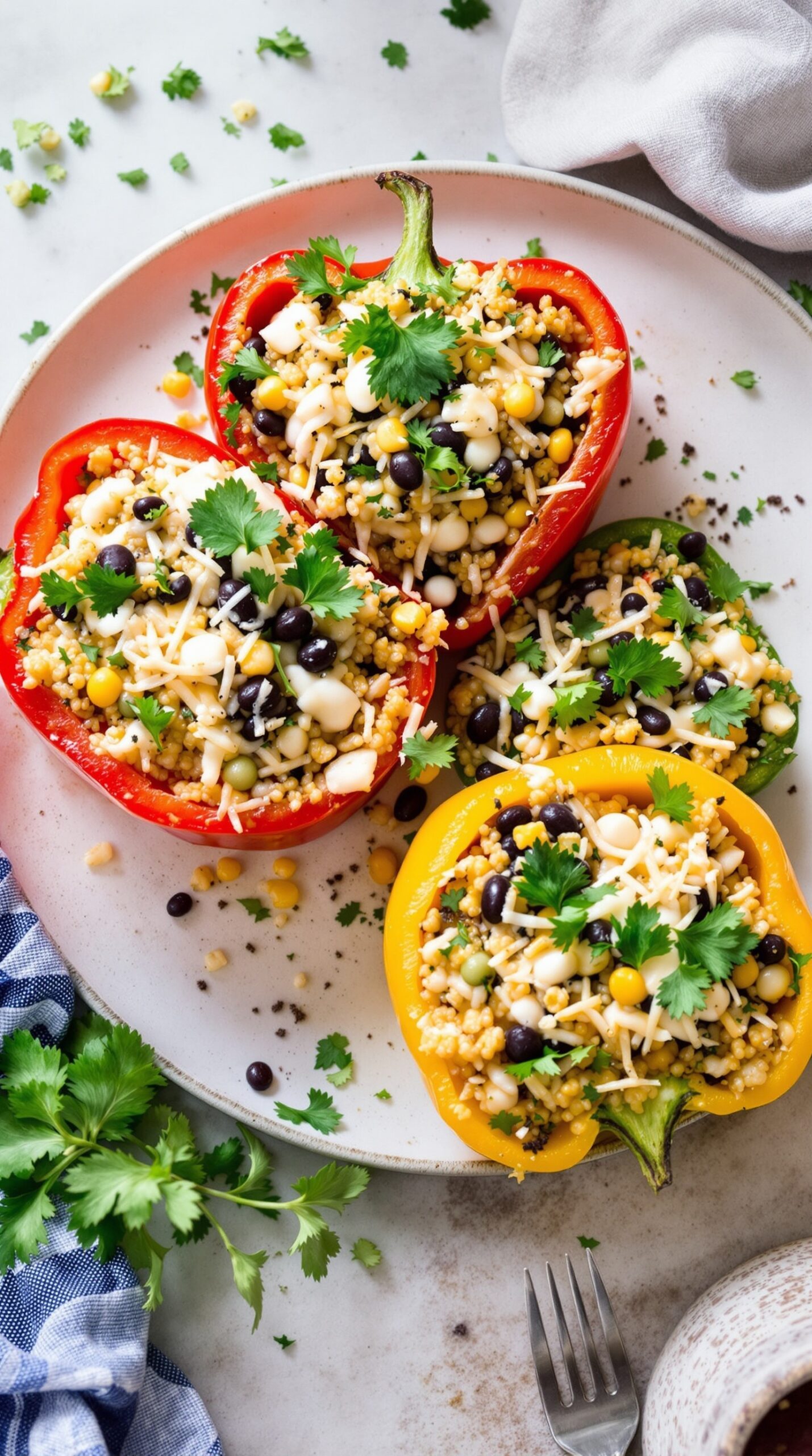 Stuffed bell peppers filled with quinoa, black beans, corn, and cheese, garnished with cilantro.